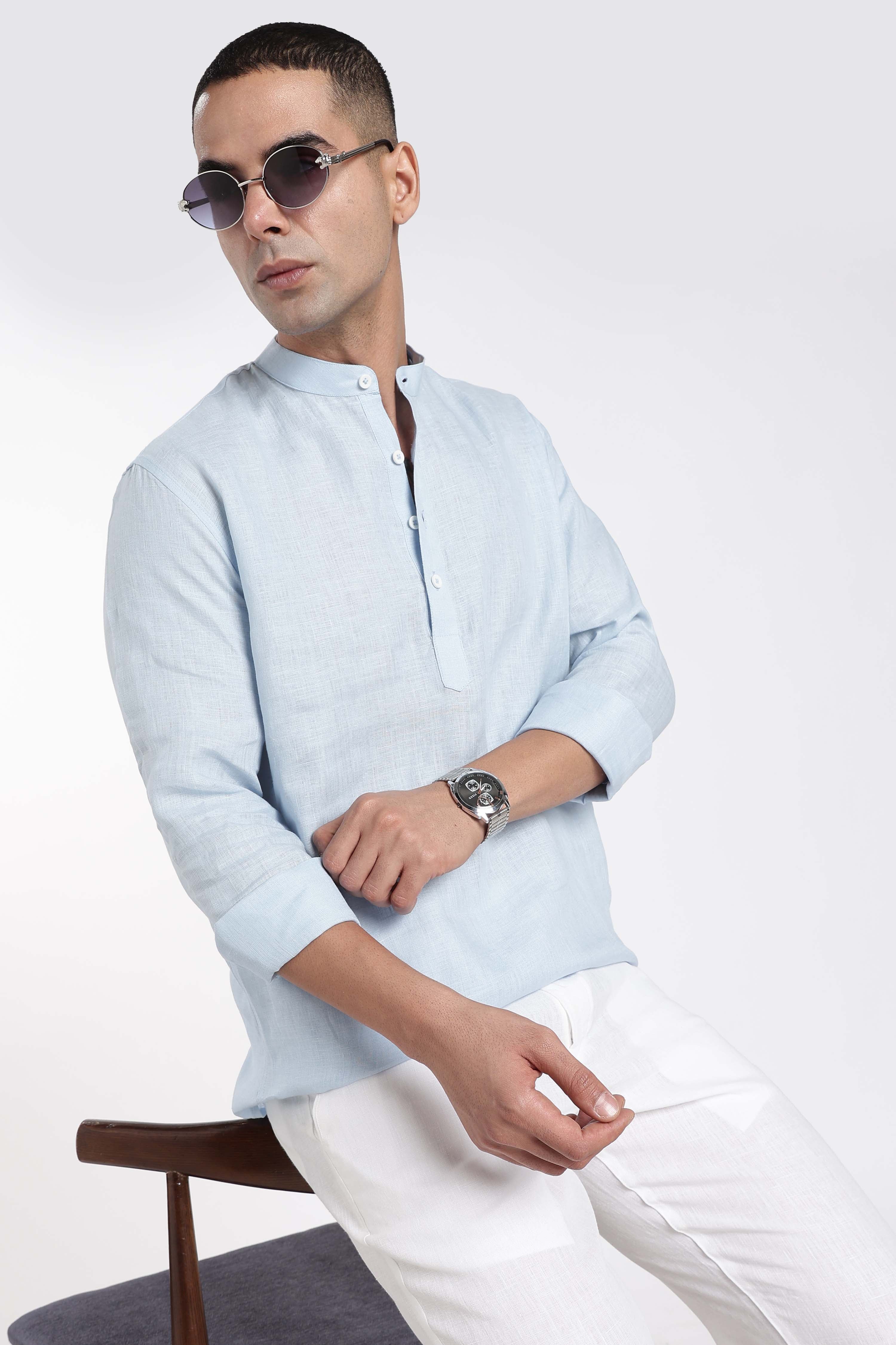 Men’s Sky Blue Linen Mandarin Collar Kurta | Linen Culture