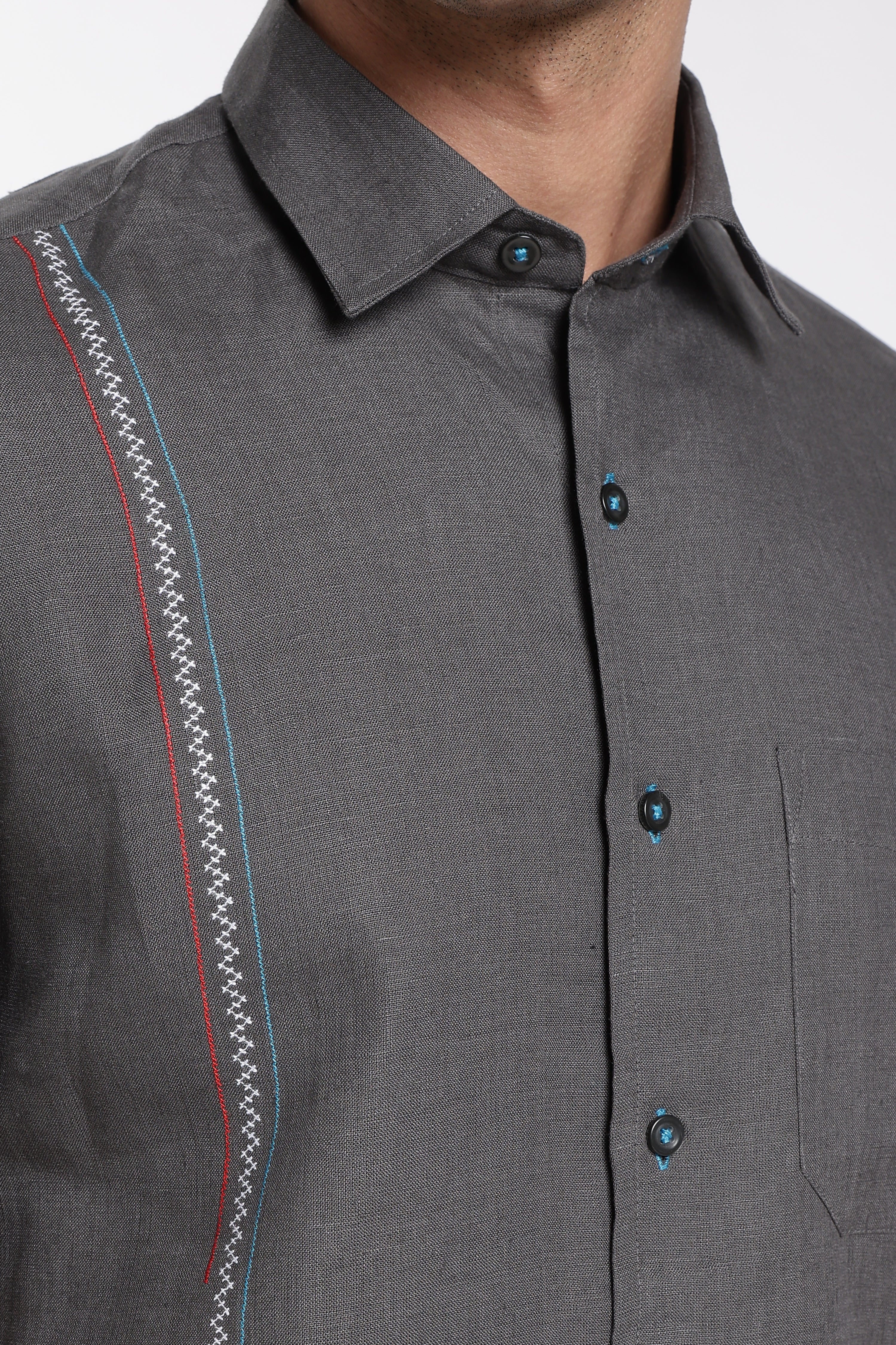 Men’s Charcoal Grey Linen Shirt with Signature Contrast Stitch Detail | Premium Short Sleeve Shirt