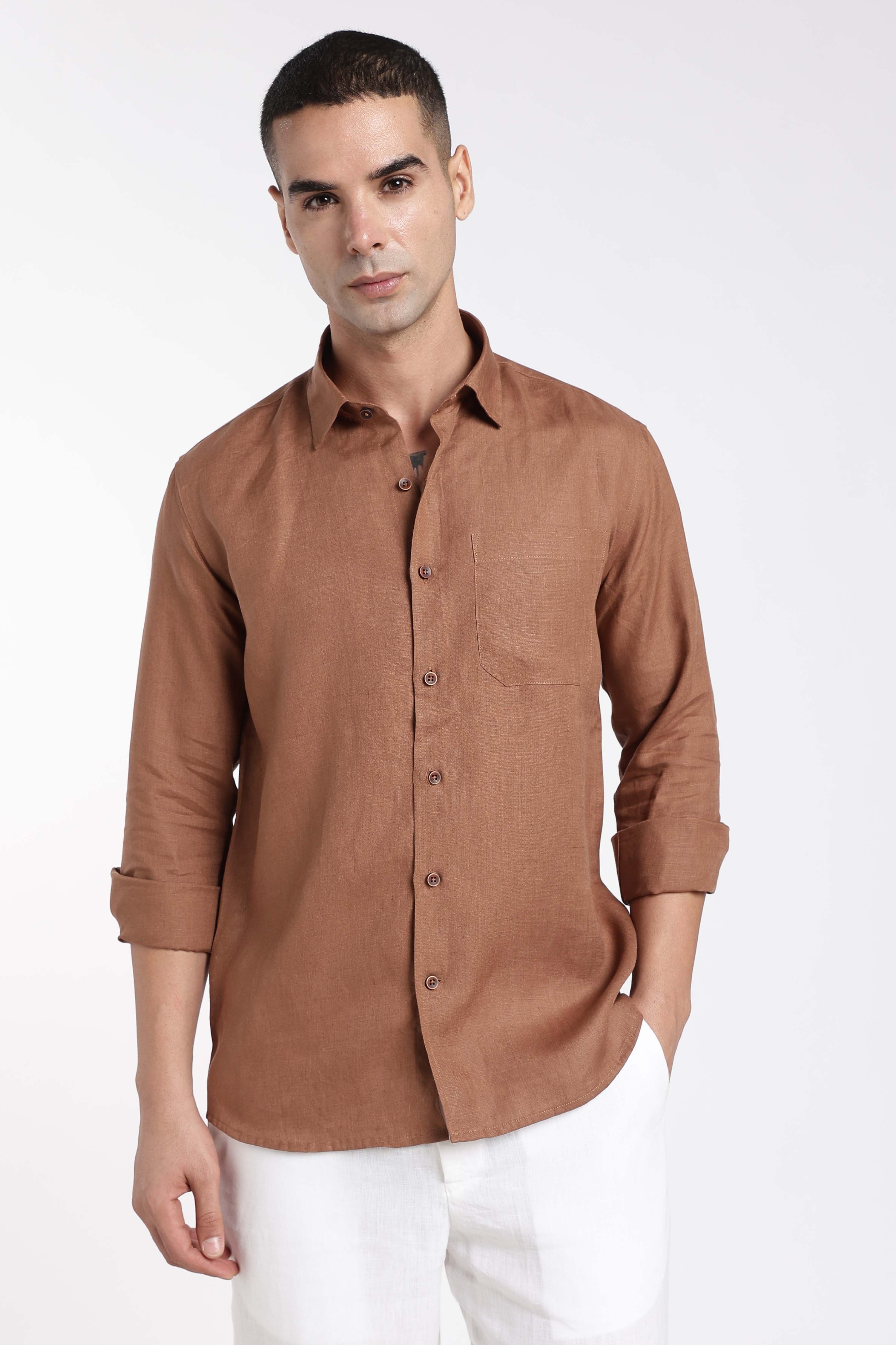Men’s Cinnamon Brown Premium Linen Shirt | Full Sleeve Classic Linen Shirt