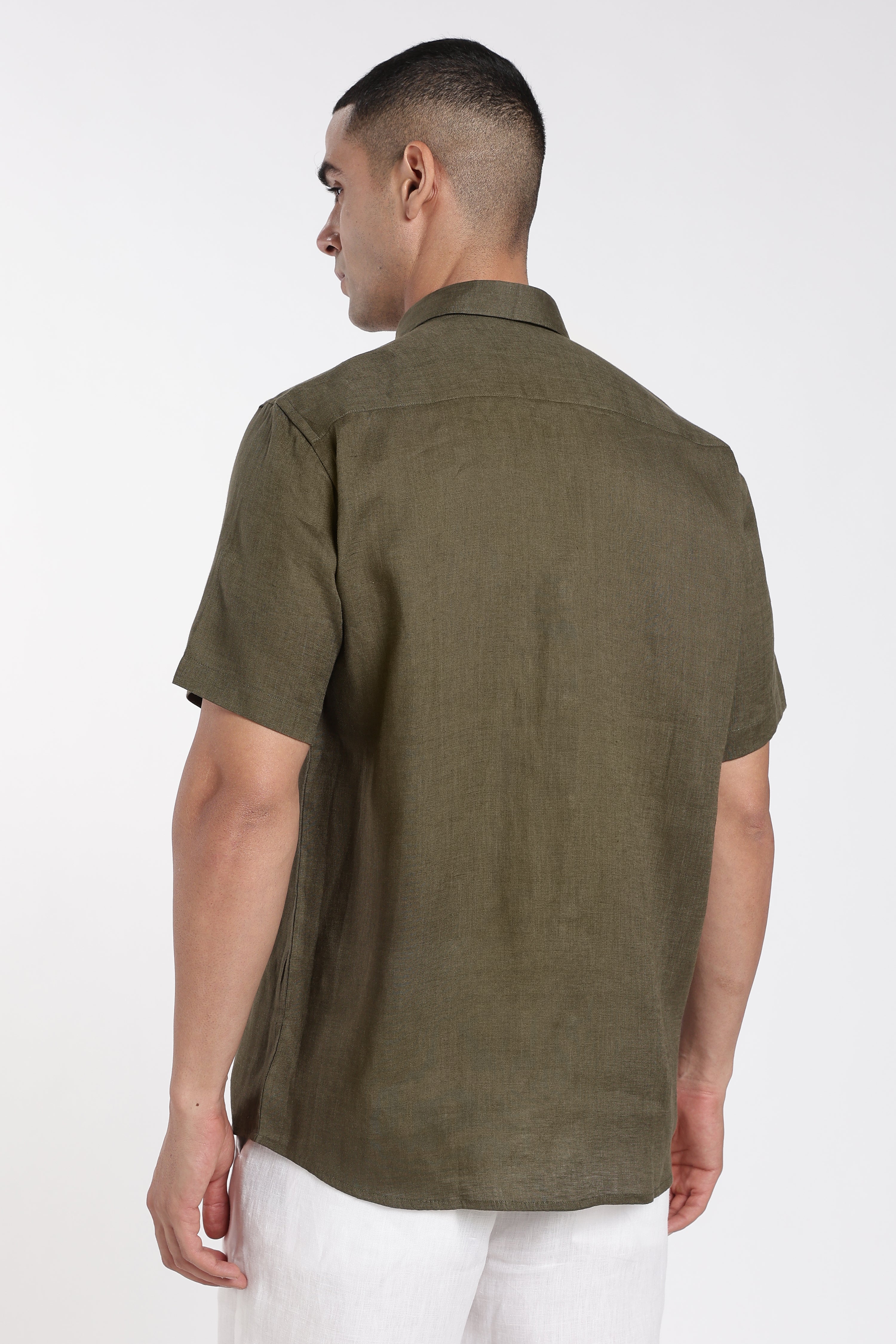 Men’s Olive Green Premium Linen Shirt with Signature Line Embroidery | Short Sleeve