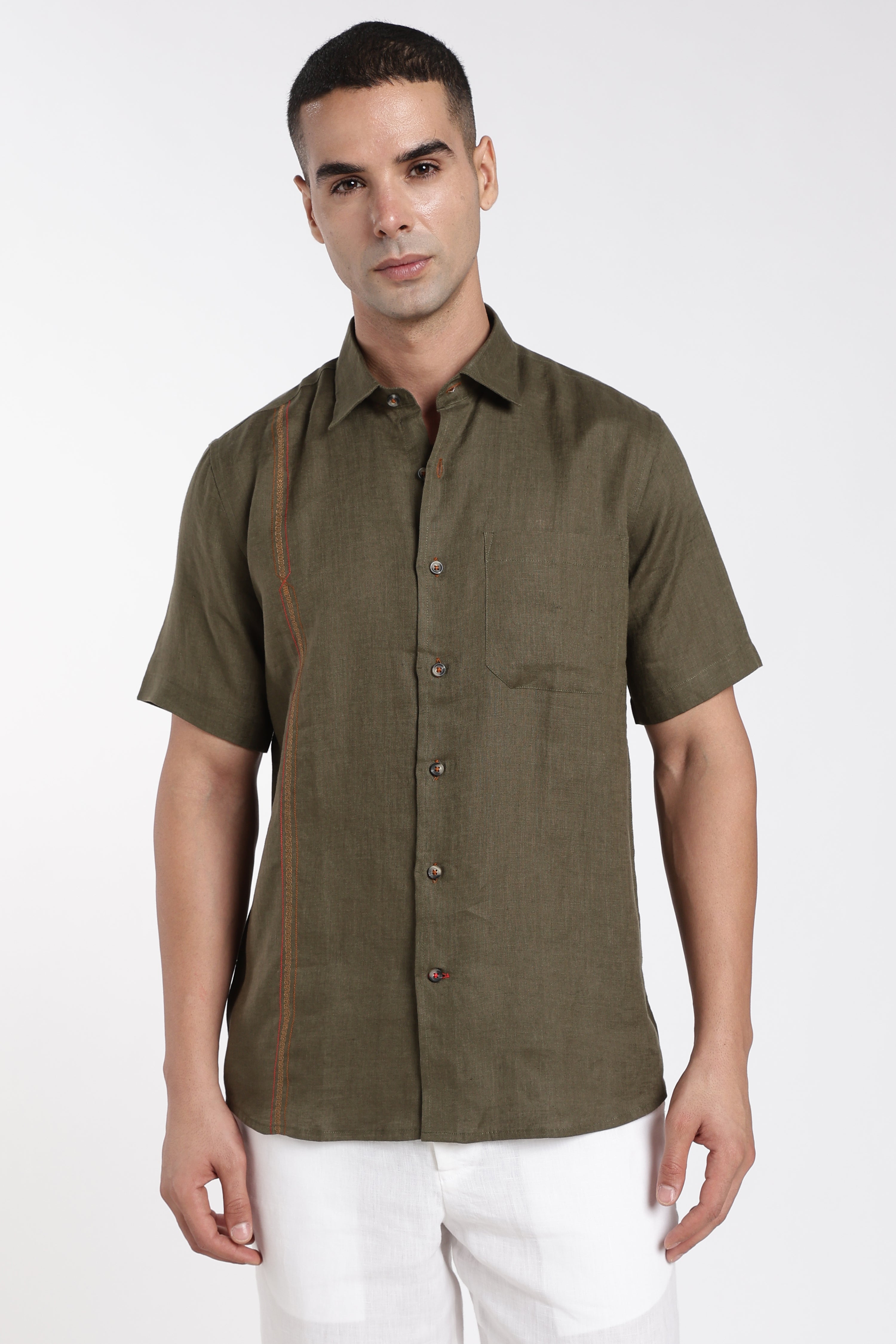 Men’s Olive Green Premium Linen Shirt with Signature Line Embroidery | Short Sleeve