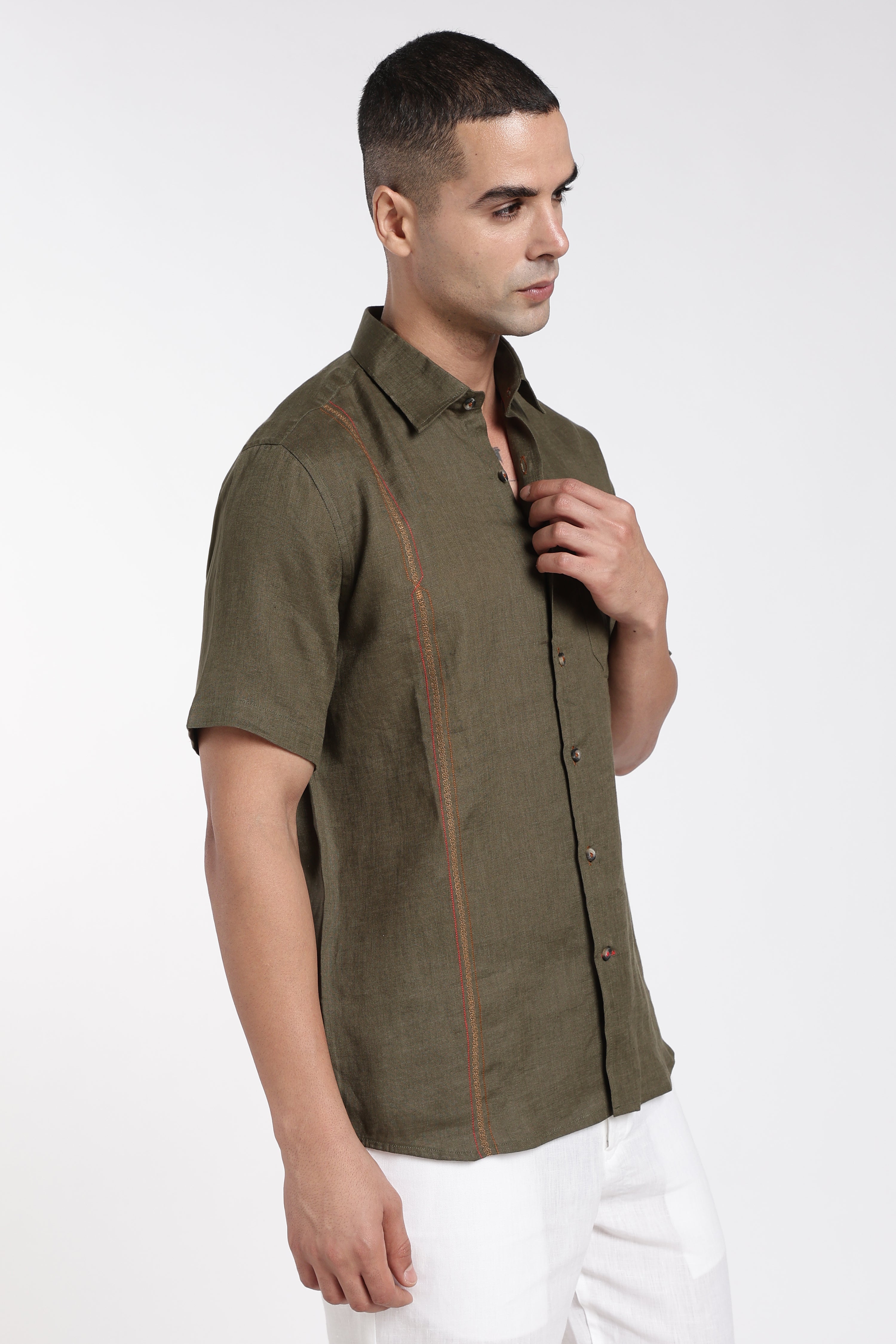 Men’s Olive Green Premium Linen Shirt with Signature Line Embroidery | Short Sleeve