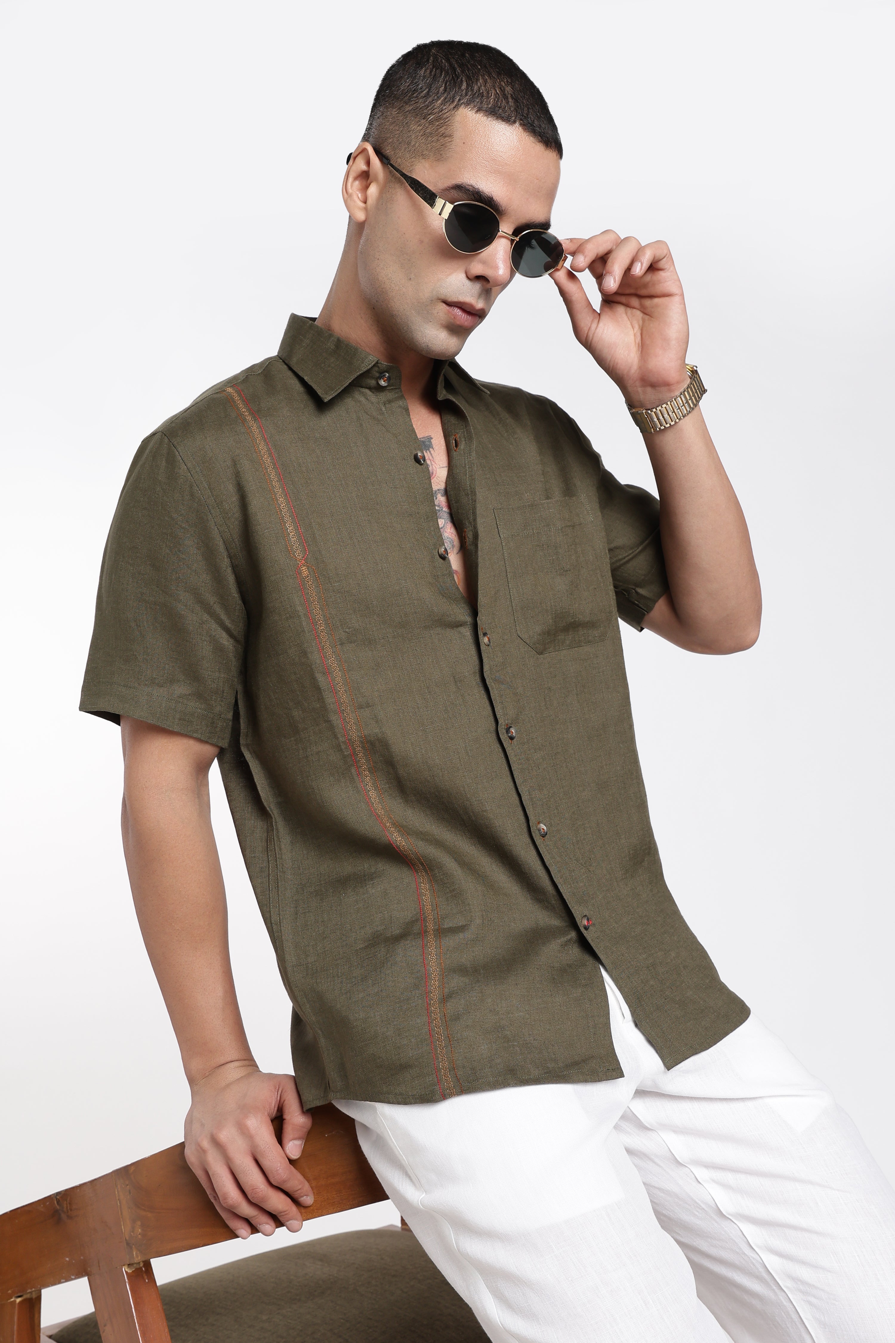 Men’s Olive Green Premium Linen Shirt with Signature Line Embroidery | Short Sleeve