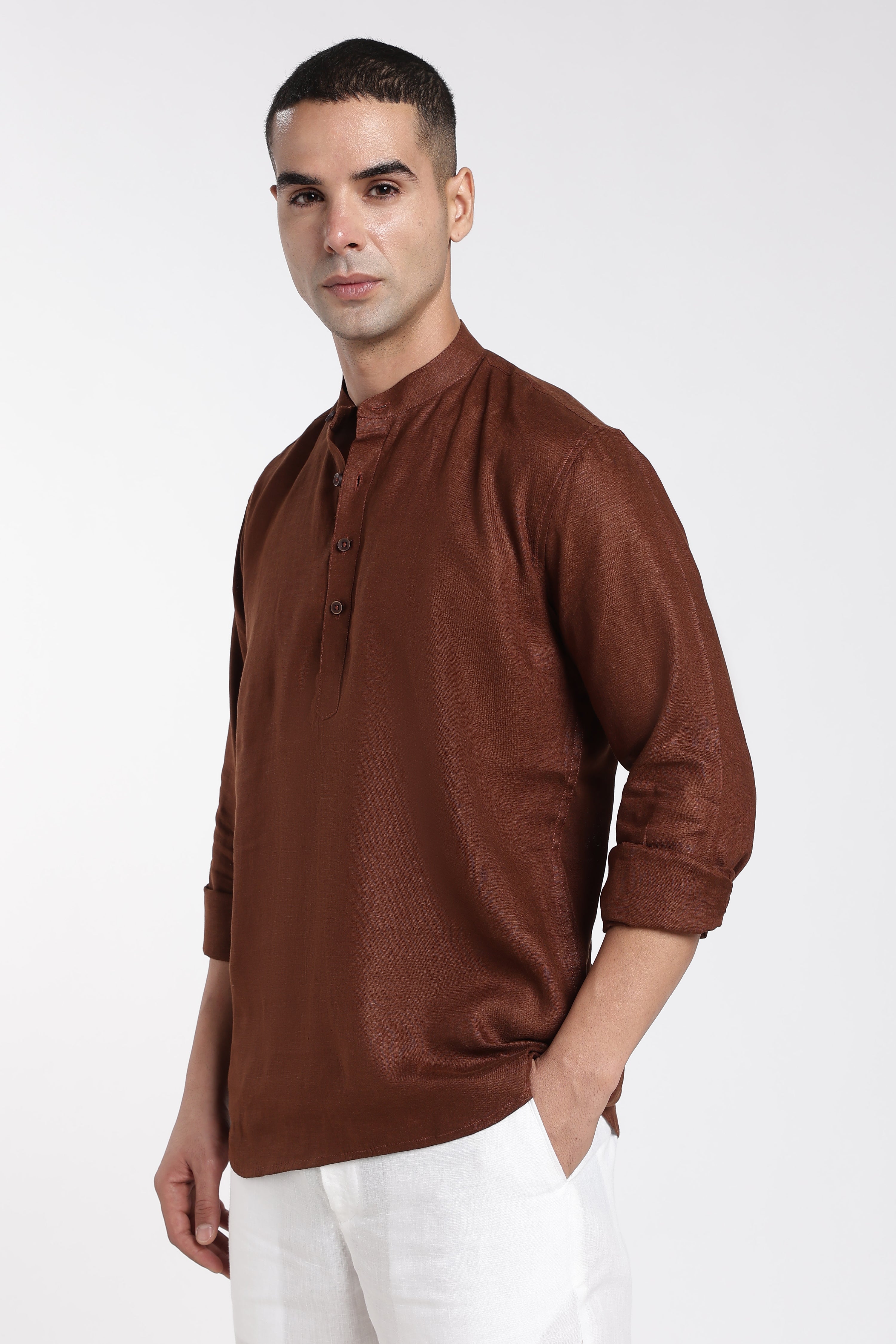Premium Men’s Rust Brown Linen Mandarin Collar Kurta | Linen Culture