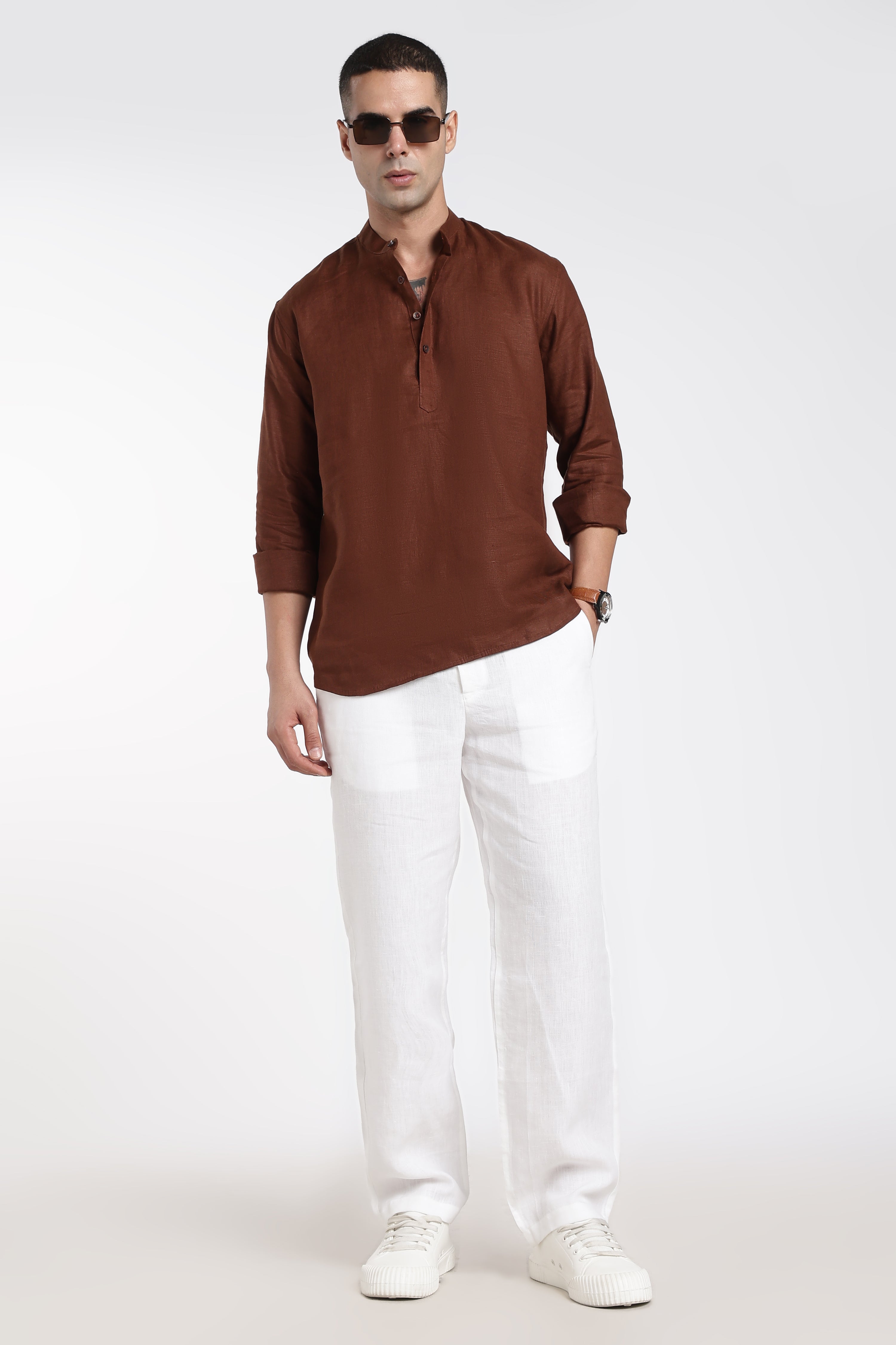Premium Men’s Rust Brown Linen Mandarin Collar Kurta | Linen Culture