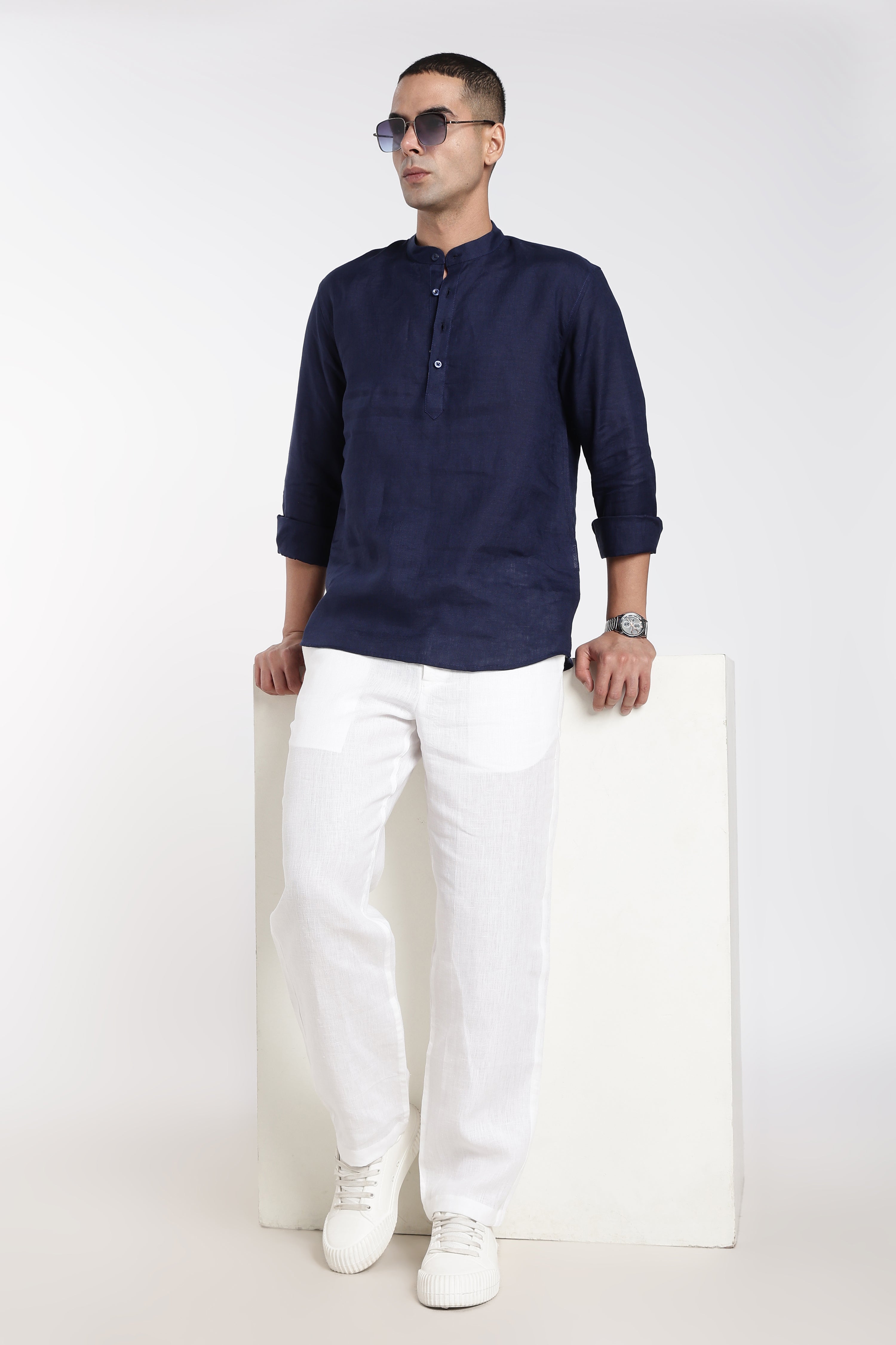 Men’s Navy Blue Linen Mandarin Collar Kurta | Linen Culture