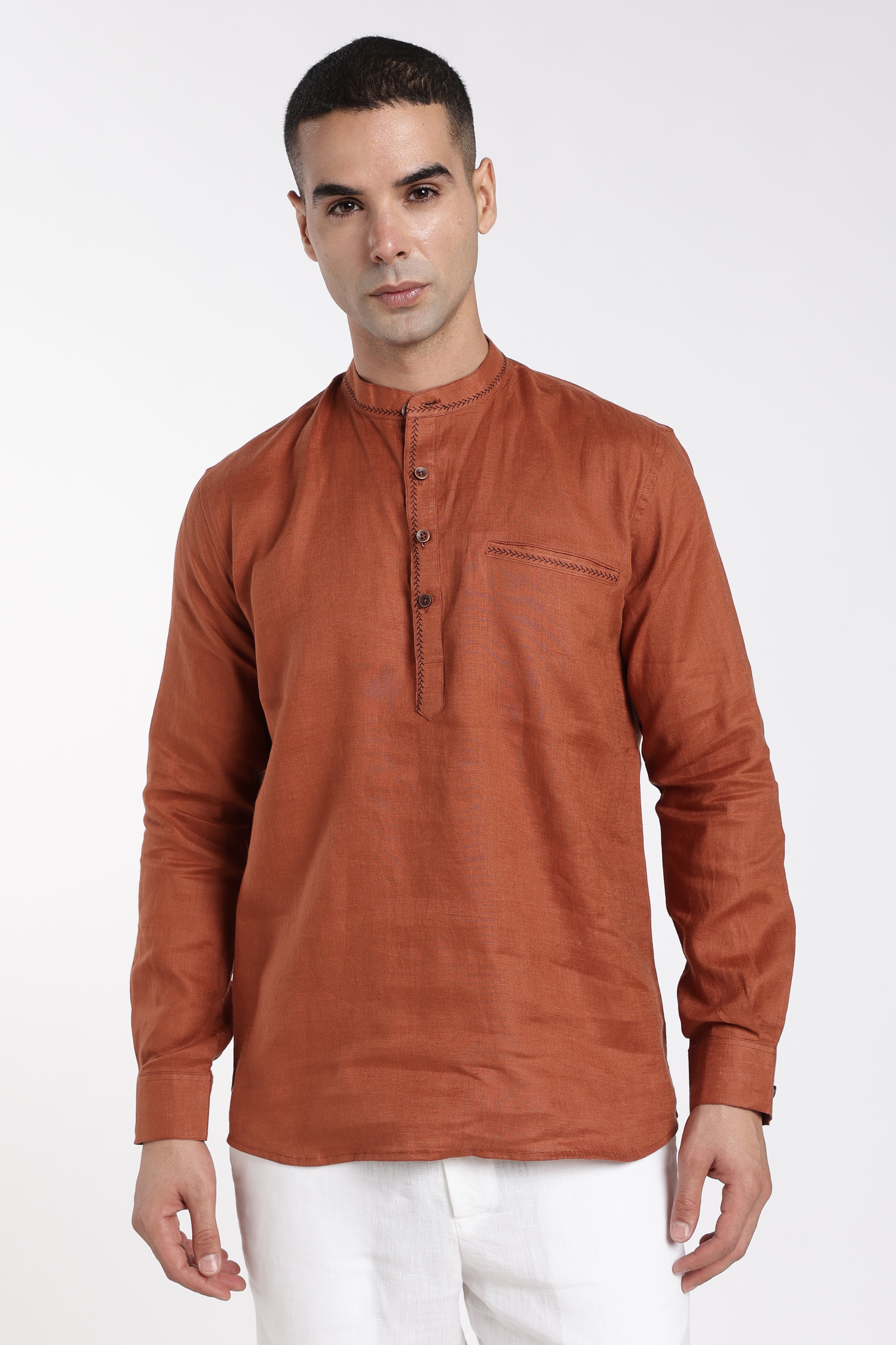 Men’s Rust Orange Linen Mandarin Collar Kurta | Linen Culture