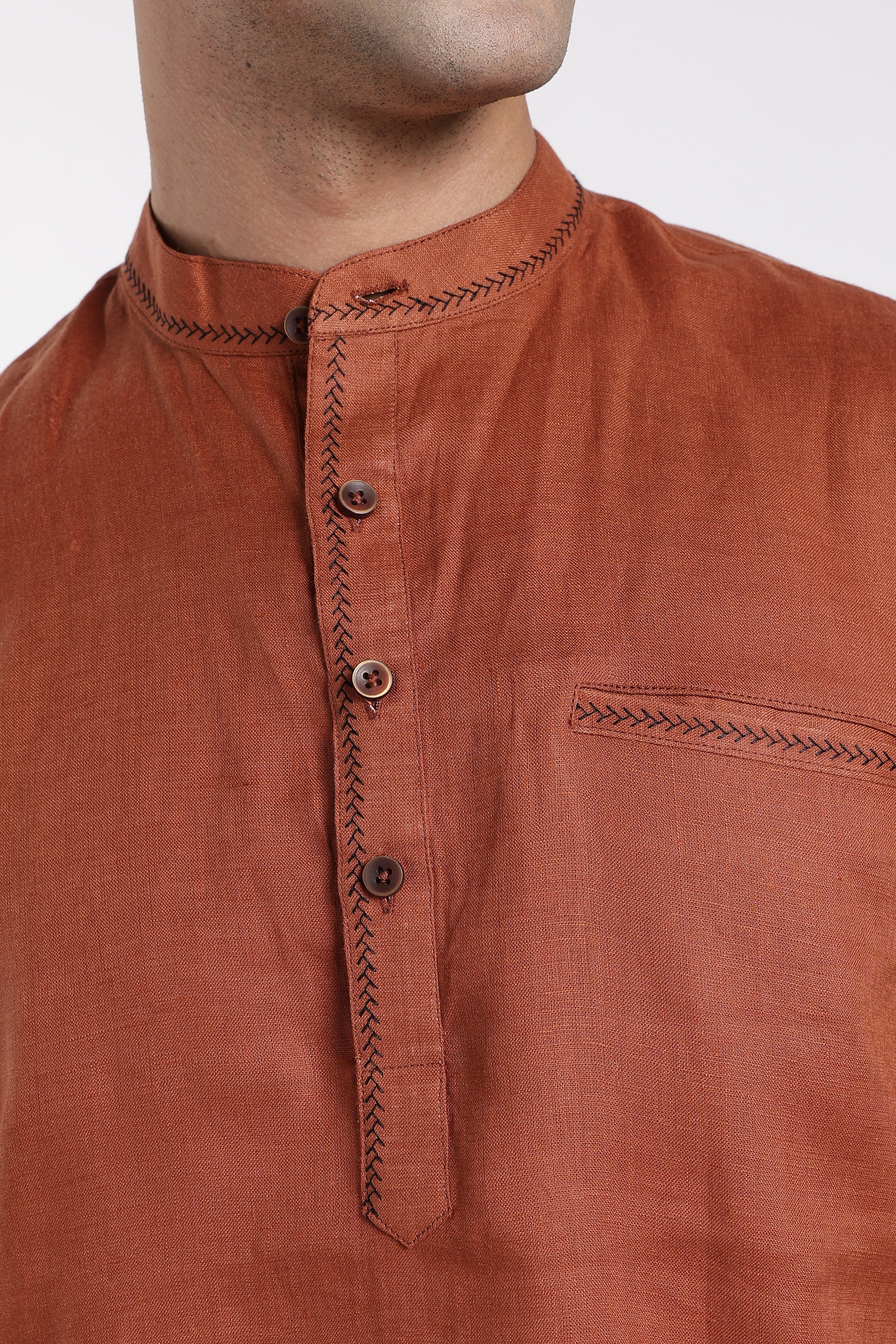 Men’s Rust Orange Linen Mandarin Collar Kurta | Linen Culture