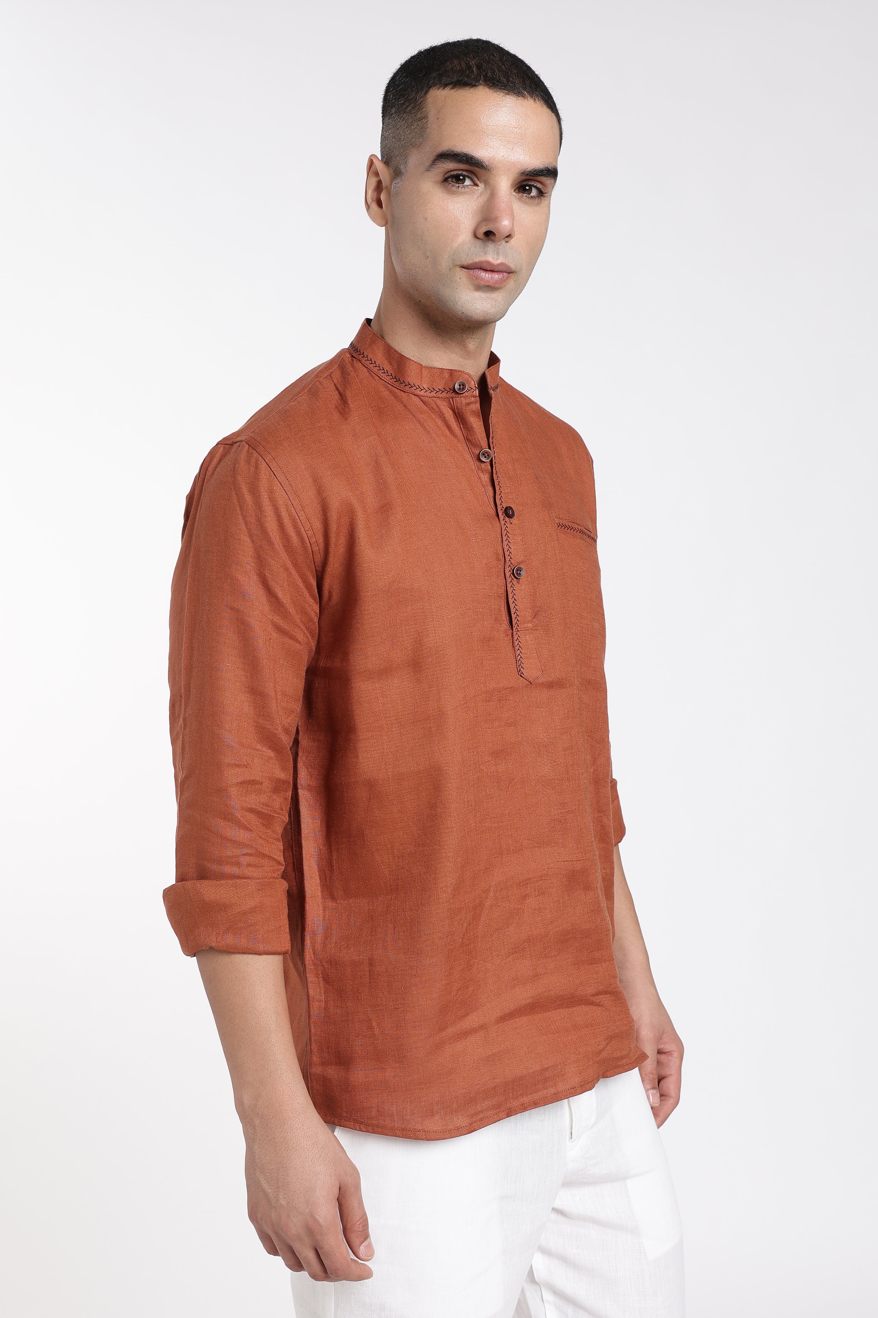 Men’s Rust Orange Linen Mandarin Collar Kurta | Linen Culture