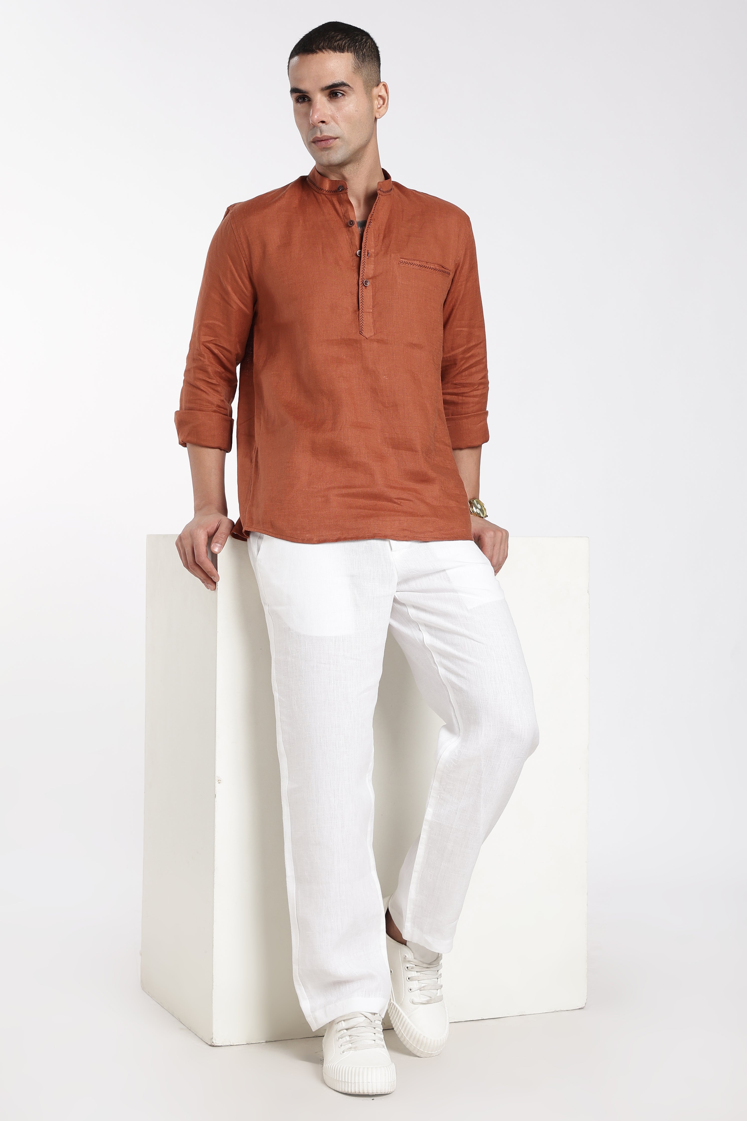 Men’s Rust Orange Linen Mandarin Collar Kurta | Linen Culture