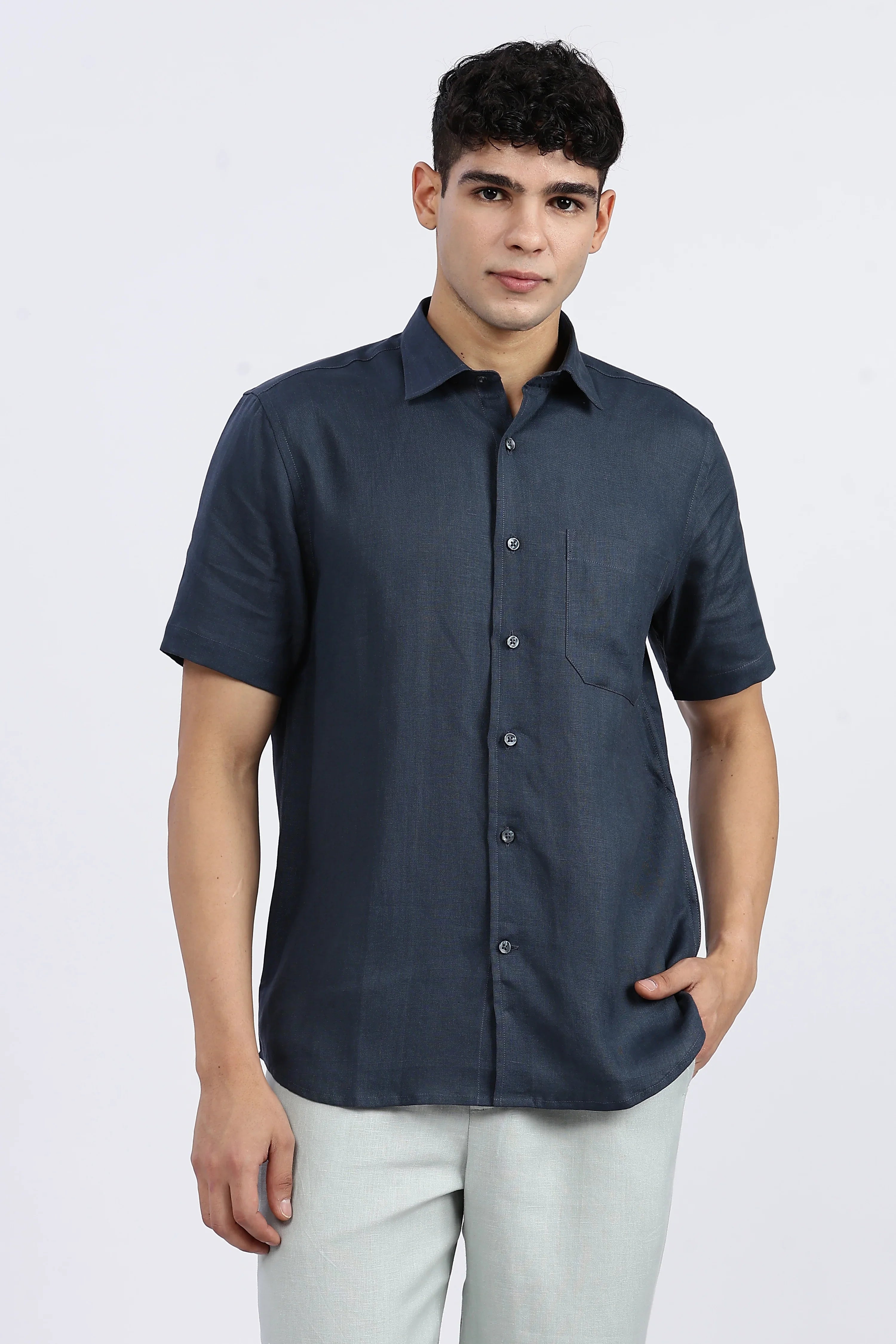 Men’s Deep Navy Linen Shirt – Half Sleeve | Effortless Elegance by Linen Culture