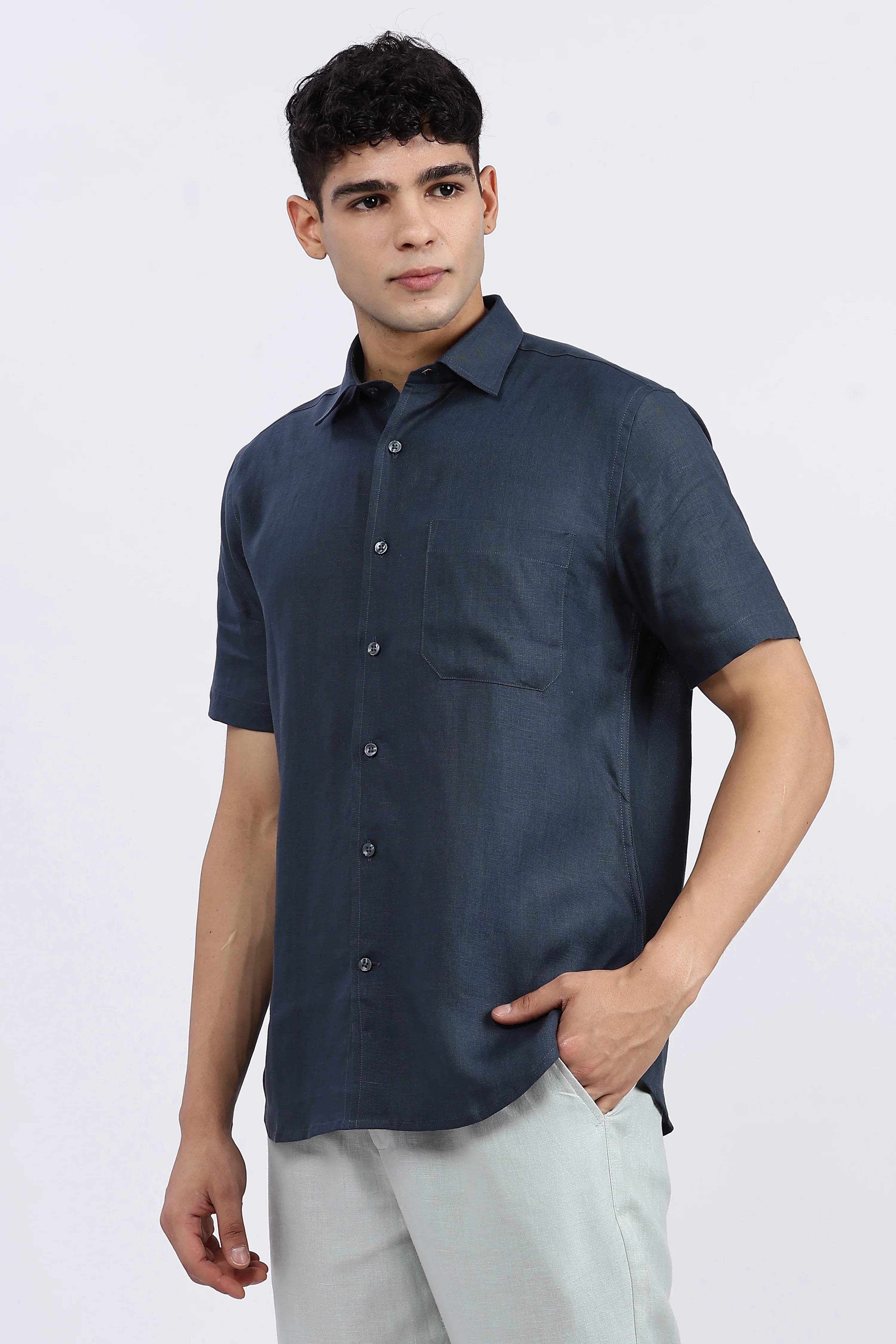Men’s Deep Navy Linen Shirt – Half Sleeve | Effortless Elegance by Linen Culture