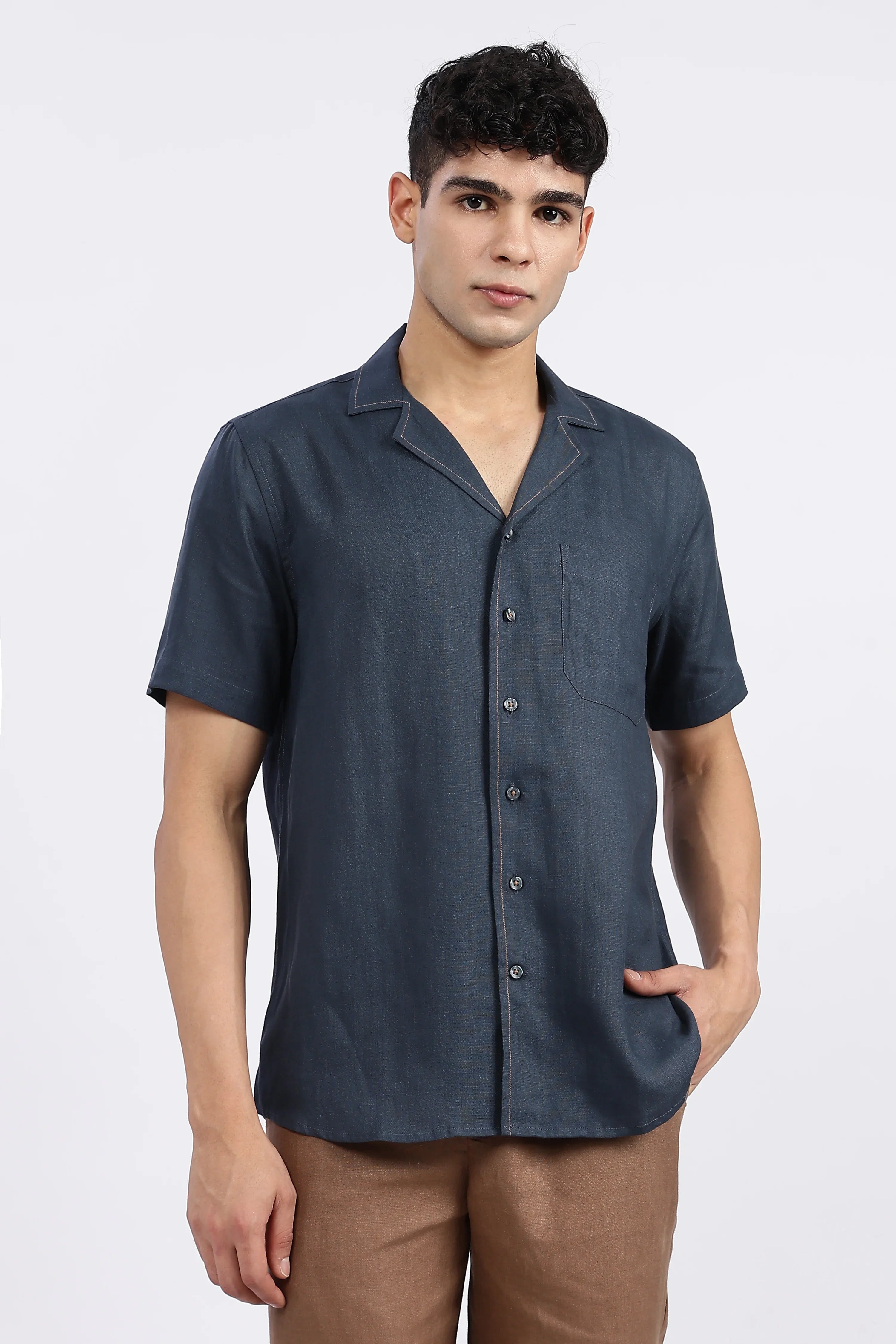 Men’s Navy Blue Cuban Collar Linen Shirt – Half Sleeve | Linen Culture