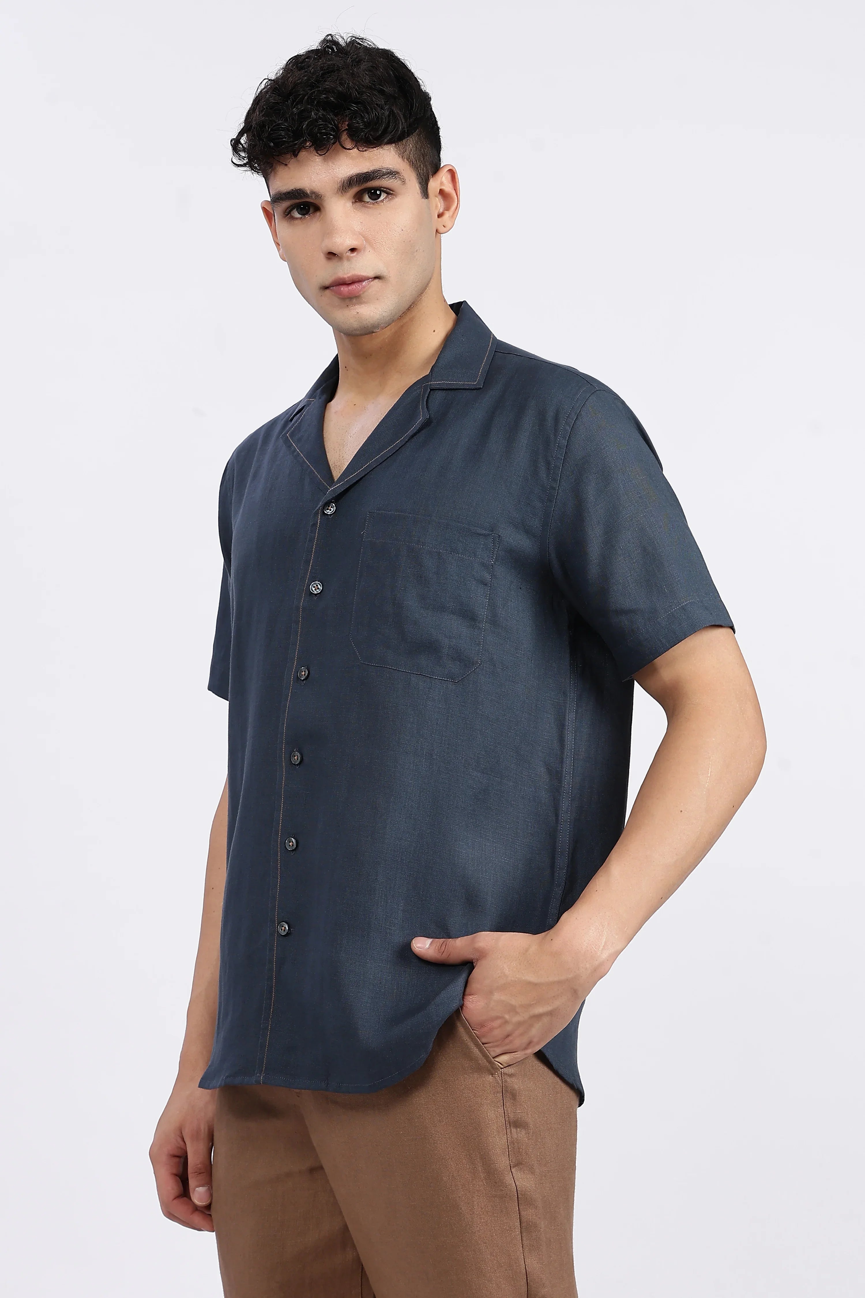Men’s Navy Blue Cuban Collar Linen Shirt – Half Sleeve | Linen Culture