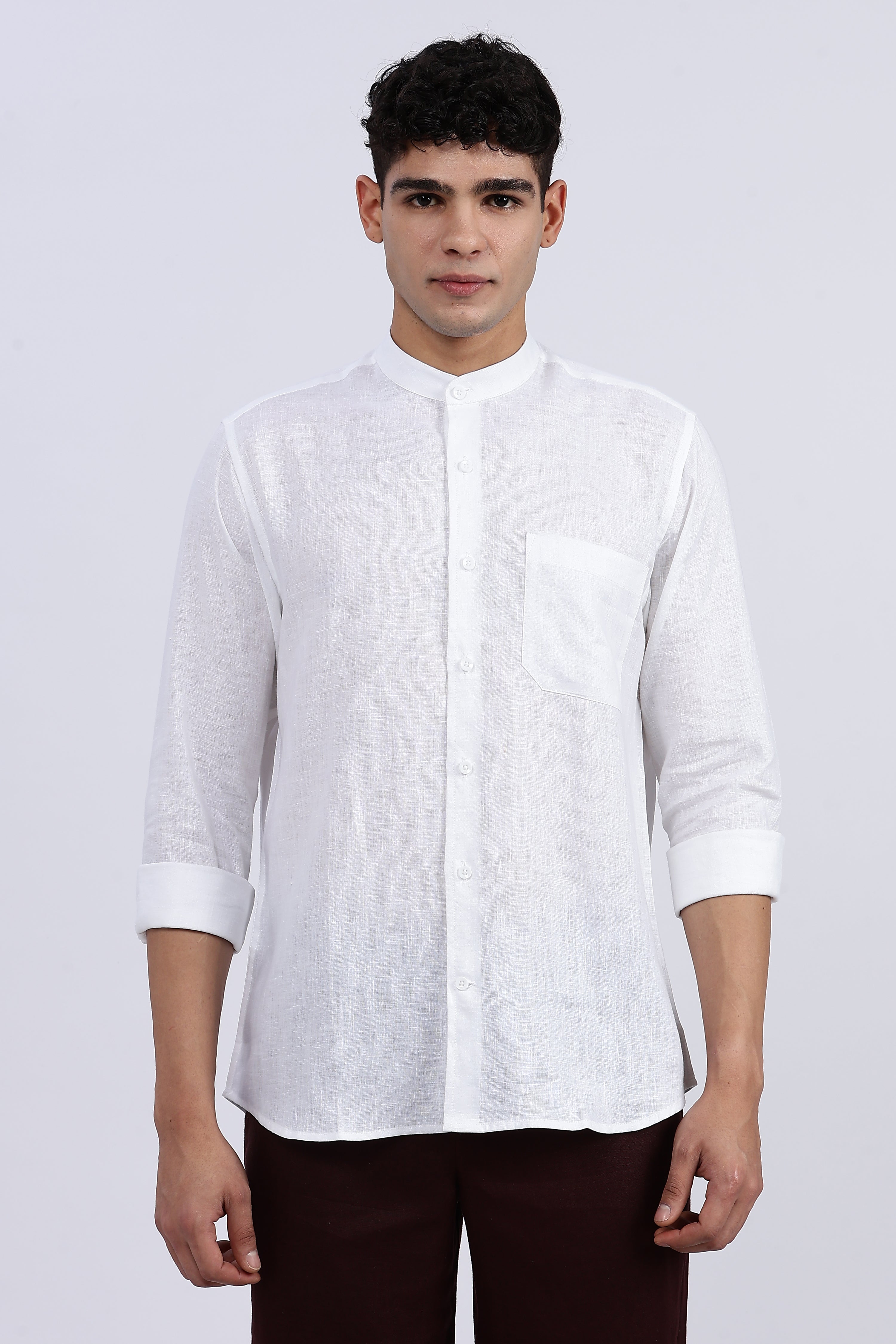 Men’s White Mandarin Collar Linen Shirt – Full Sleeve | Linen Culture