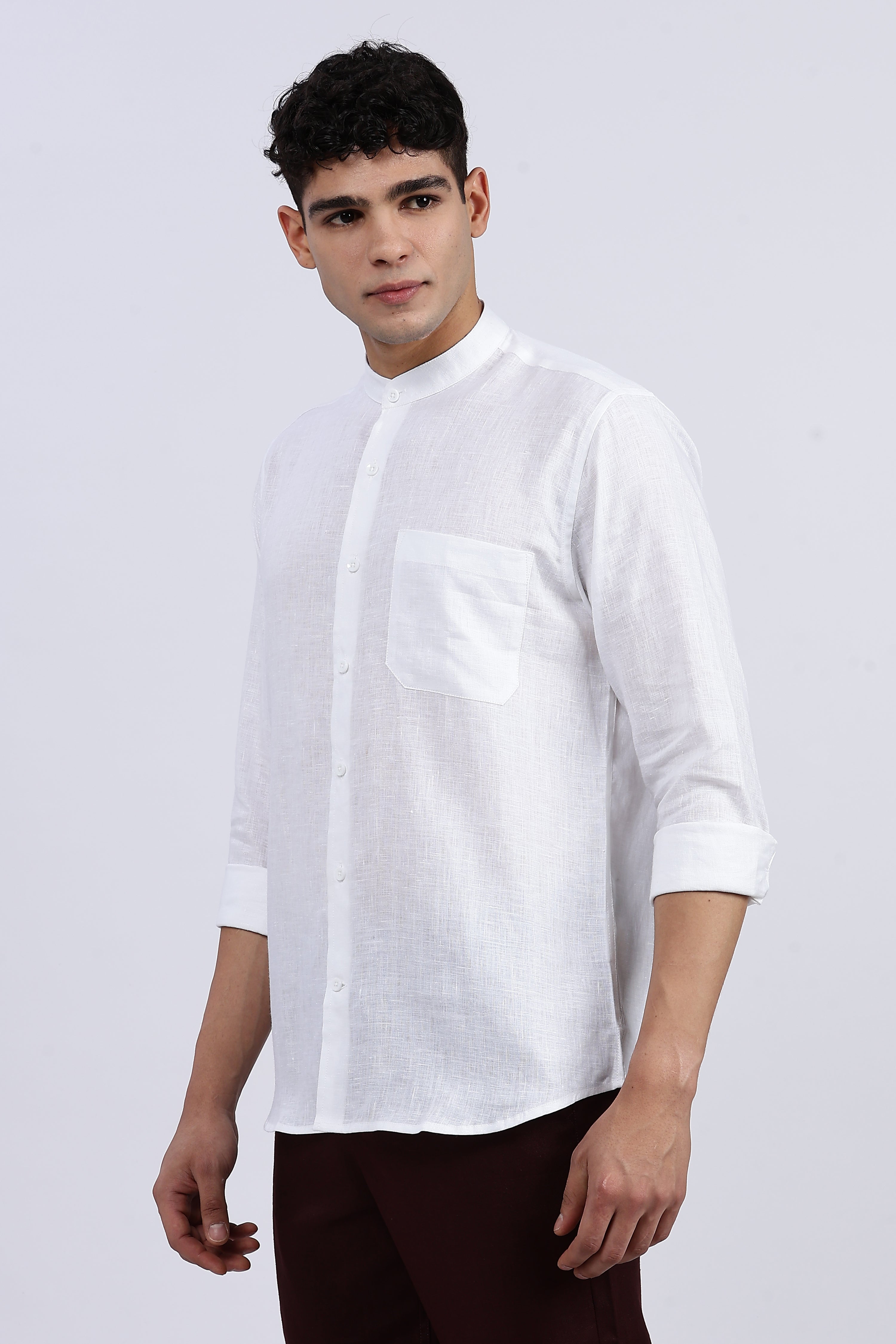 Men’s White Mandarin Collar Linen Shirt – Full Sleeve | Linen Culture