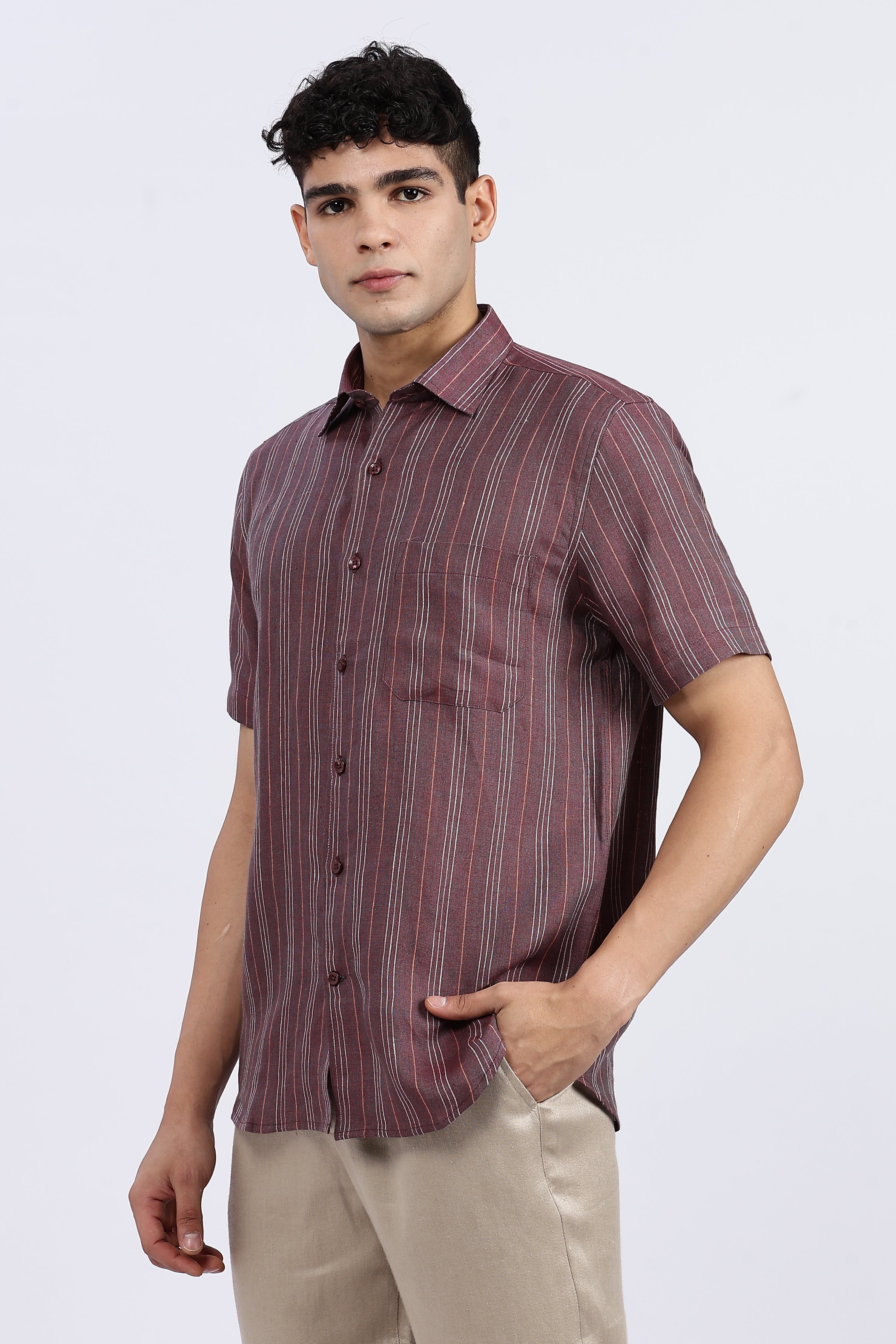 Men’s Maroon Striped Half Sleeve Linen Shirt – 100% Pure Linen | Linen Culture
