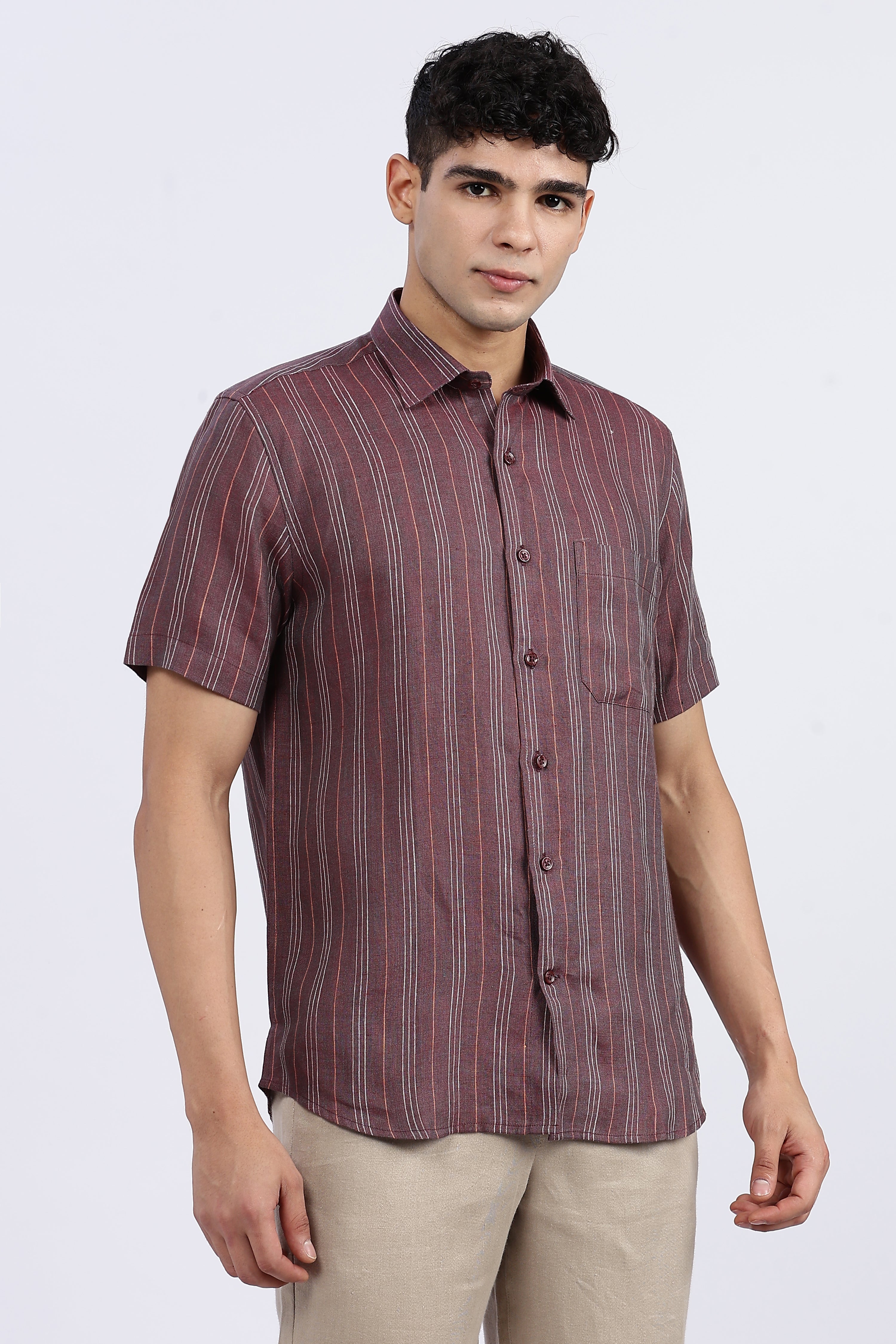 Men’s Maroon Striped Half Sleeve Linen Shirt – 100% Pure Linen | Linen Culture