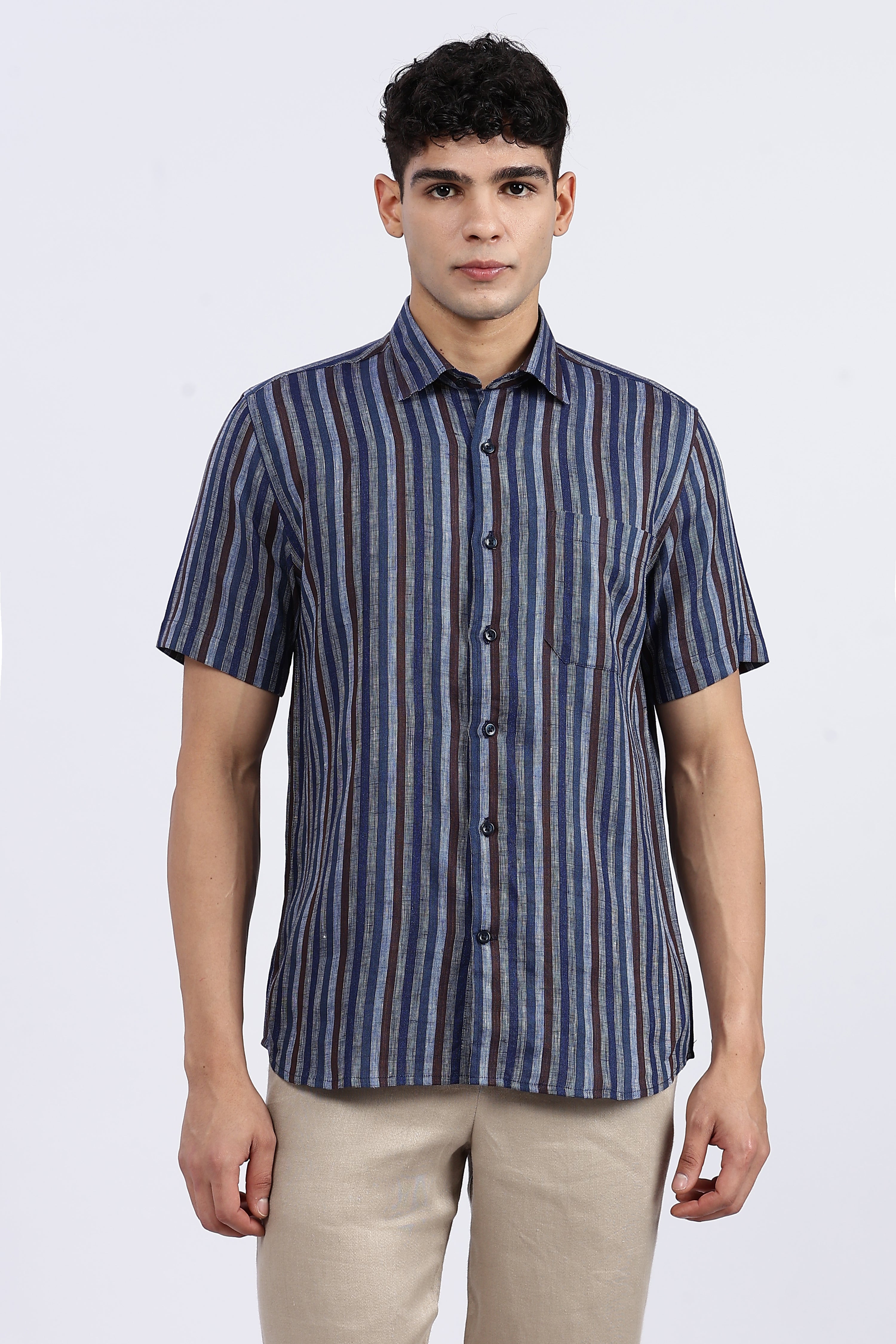Men’s Blue Striped Half Sleeve Linen Shirt – 100% Pure Linen | Linen Culture