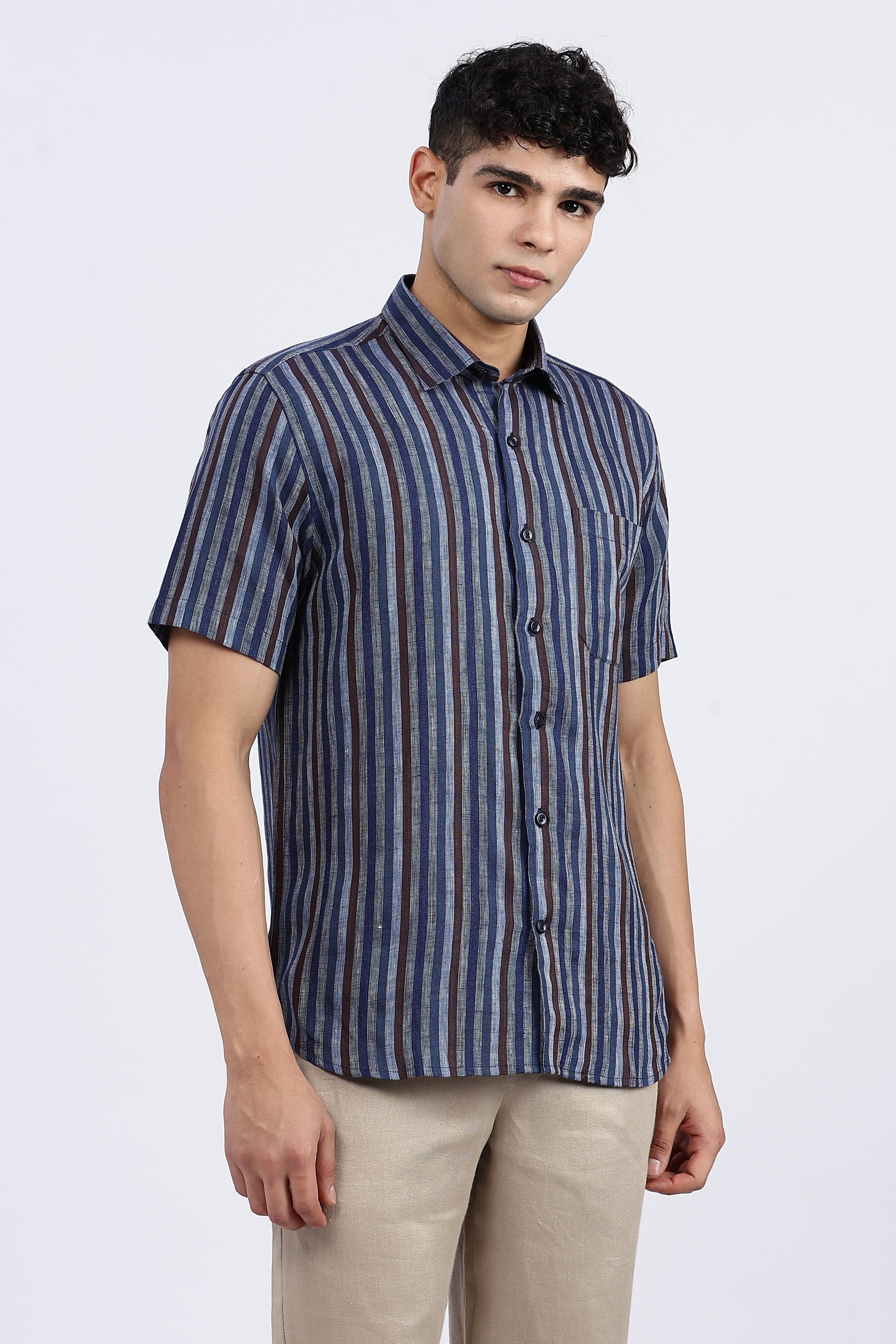 Men’s Blue Striped Half Sleeve Linen Shirt – 100% Pure Linen | Linen Culture