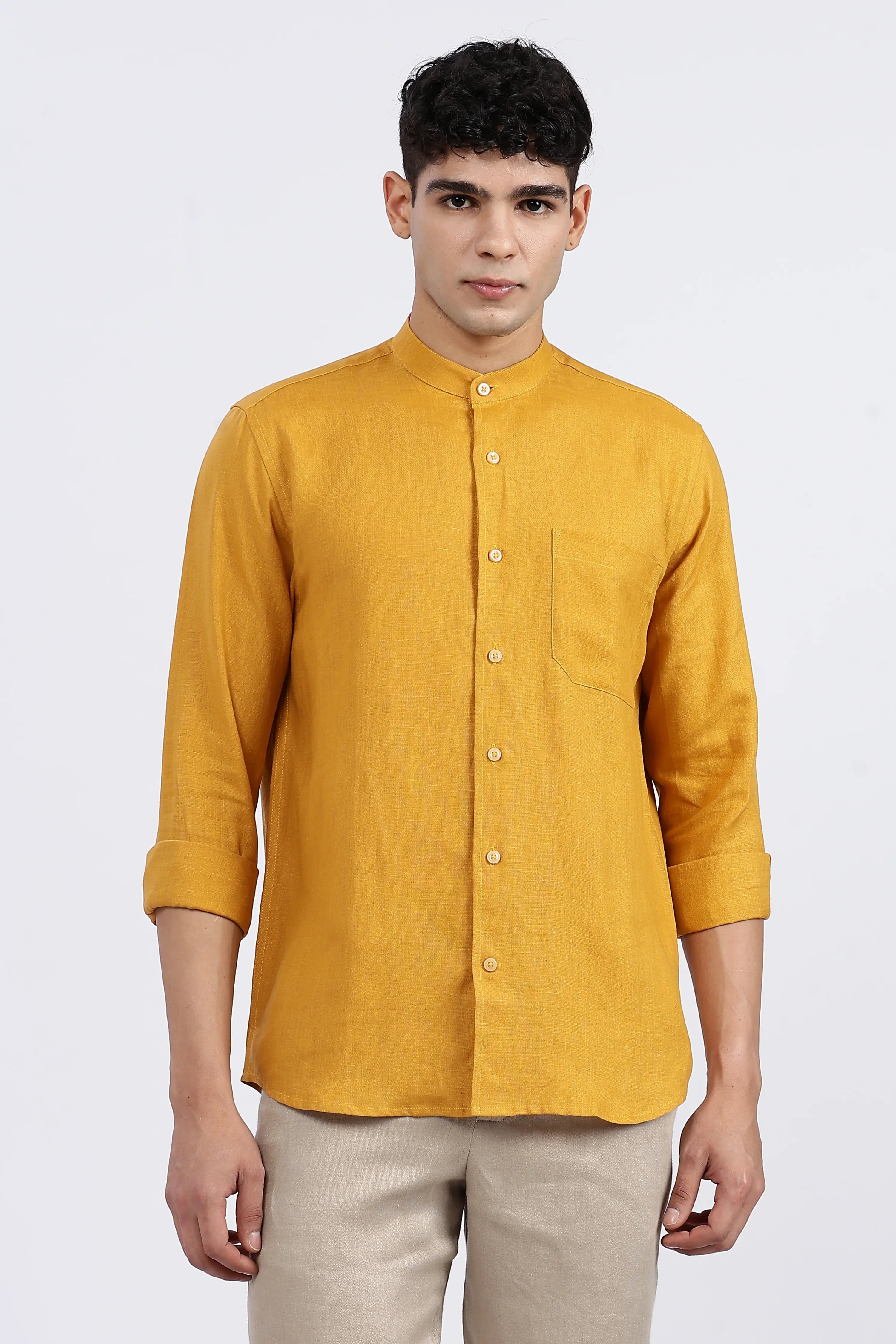 Men’s Mustard Yellow Mandarin Collar Linen Shirt – Full Sleeve | Linen Culture
