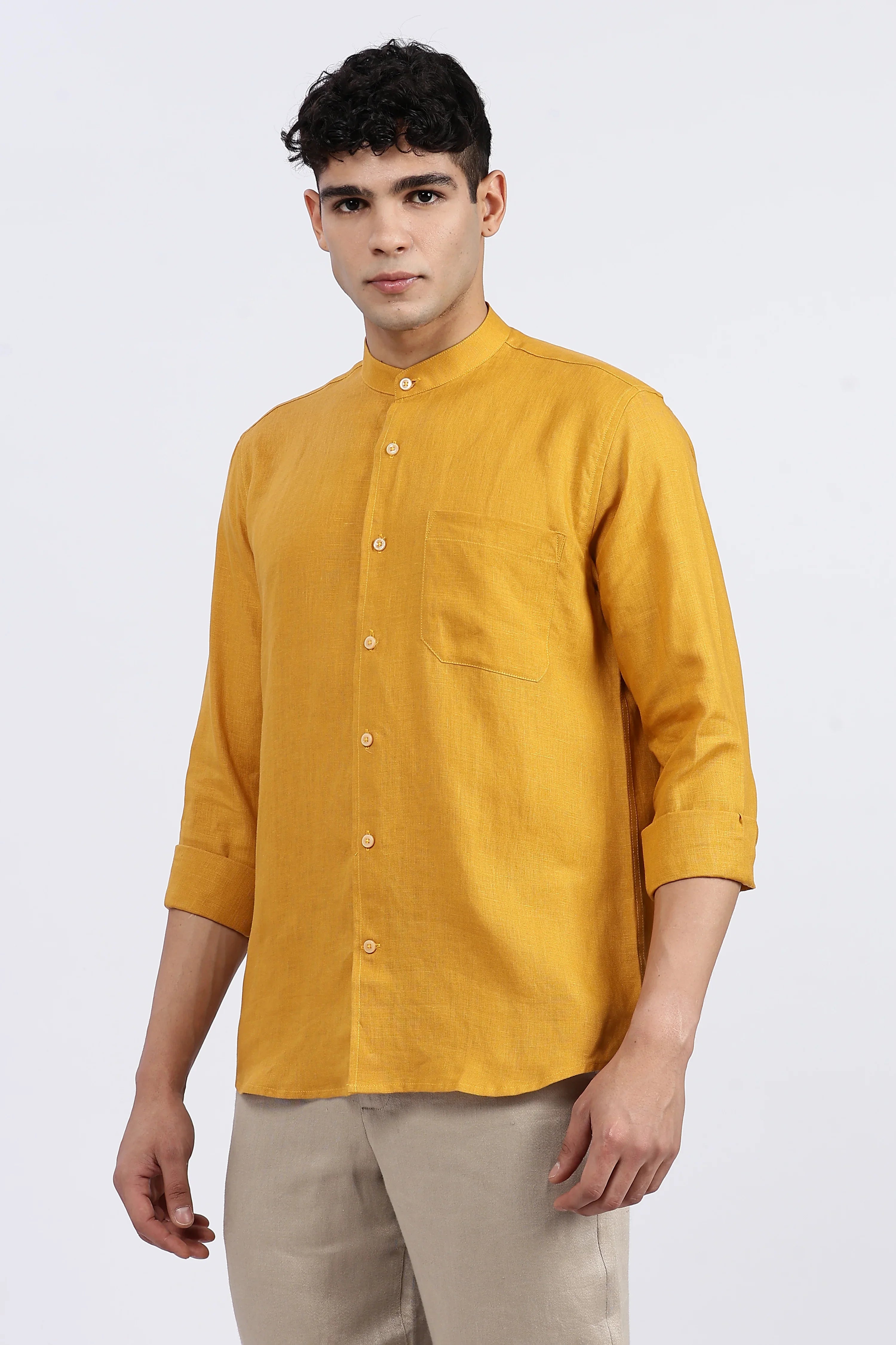 Men’s Mustard Yellow Mandarin Collar Linen Shirt – Full Sleeve | Linen Culture