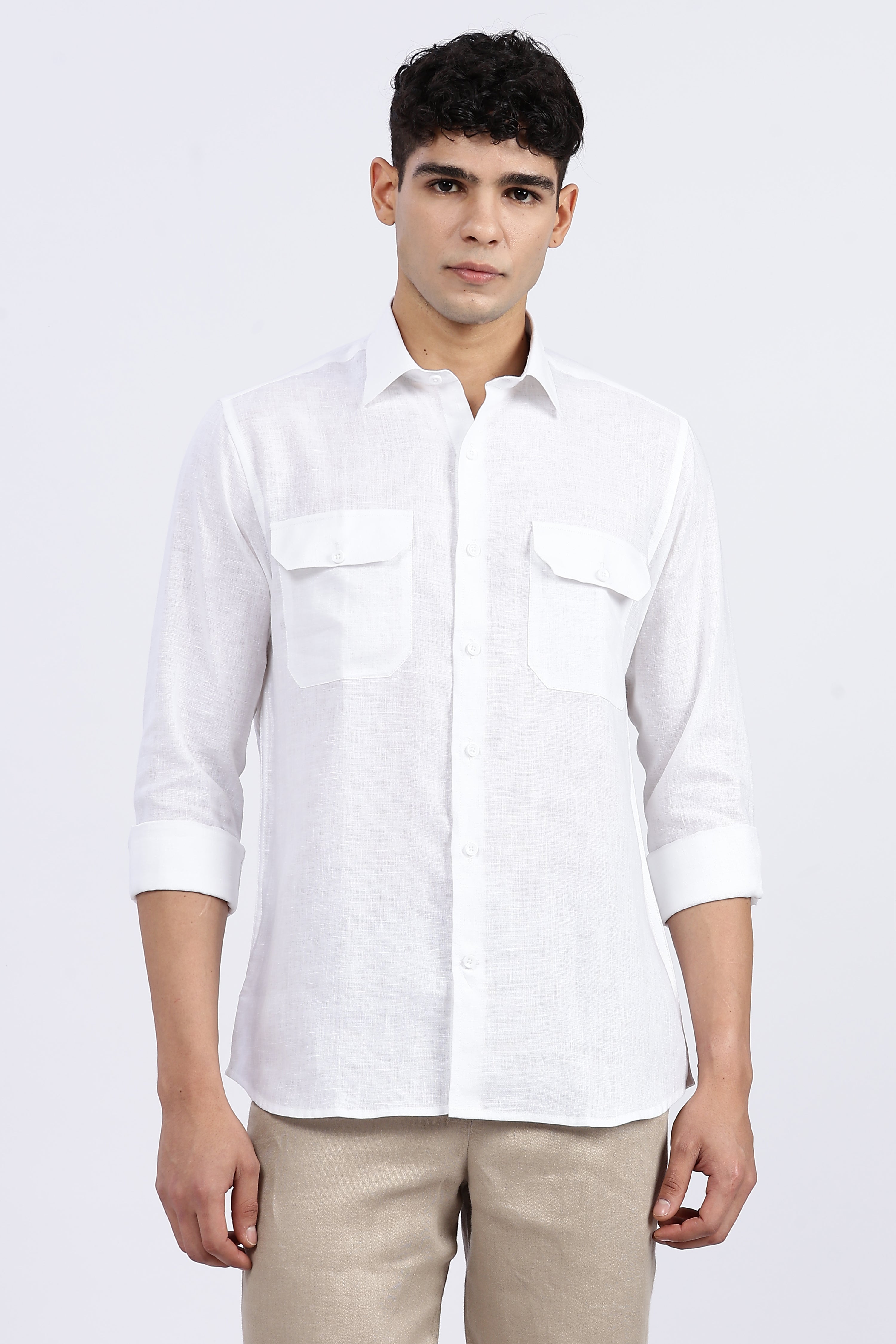 Men’s White Double Pocket Linen Shirt – Full Sleeve | Linen Culture