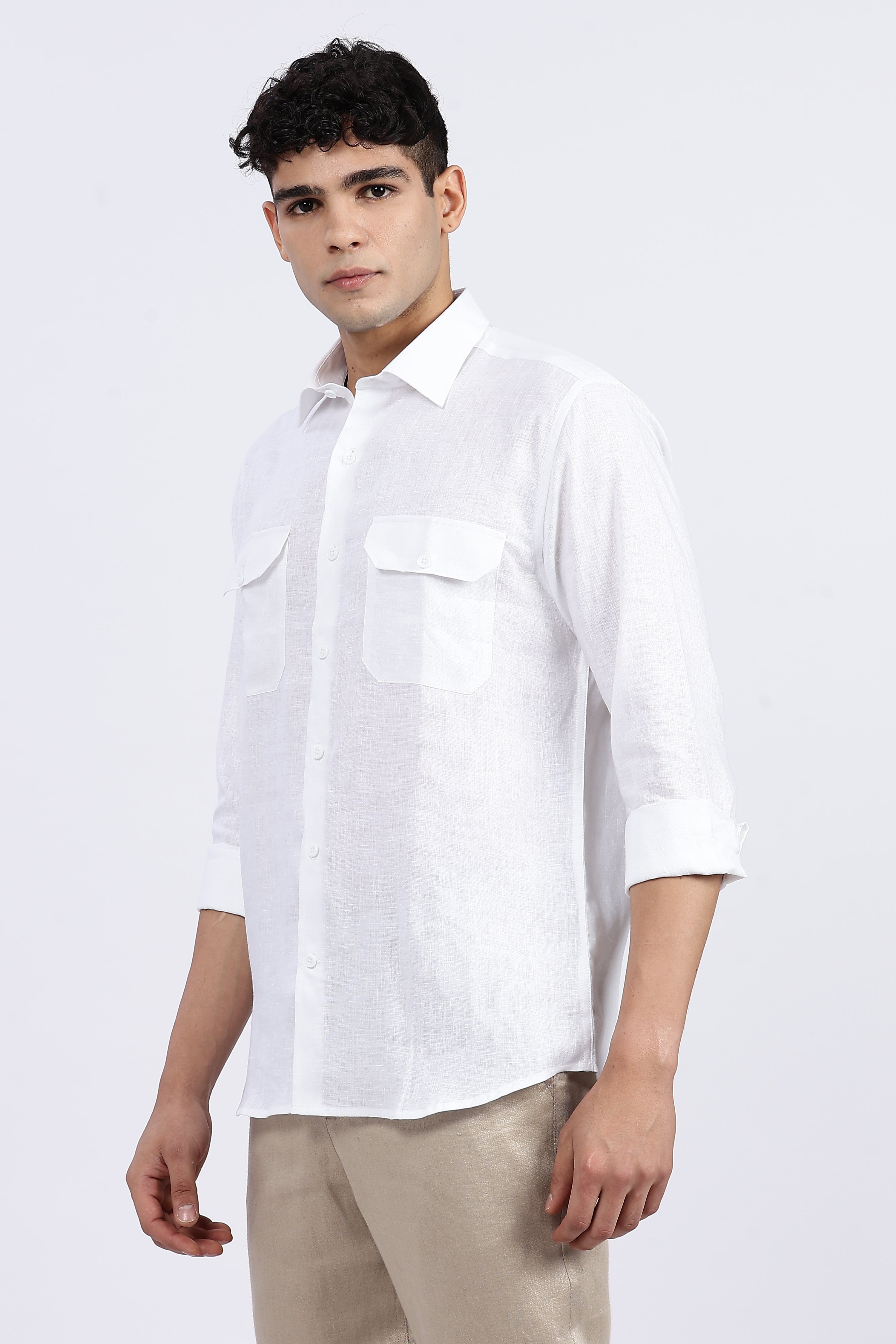 Men’s White Double Pocket Linen Shirt – Full Sleeve | Linen Culture