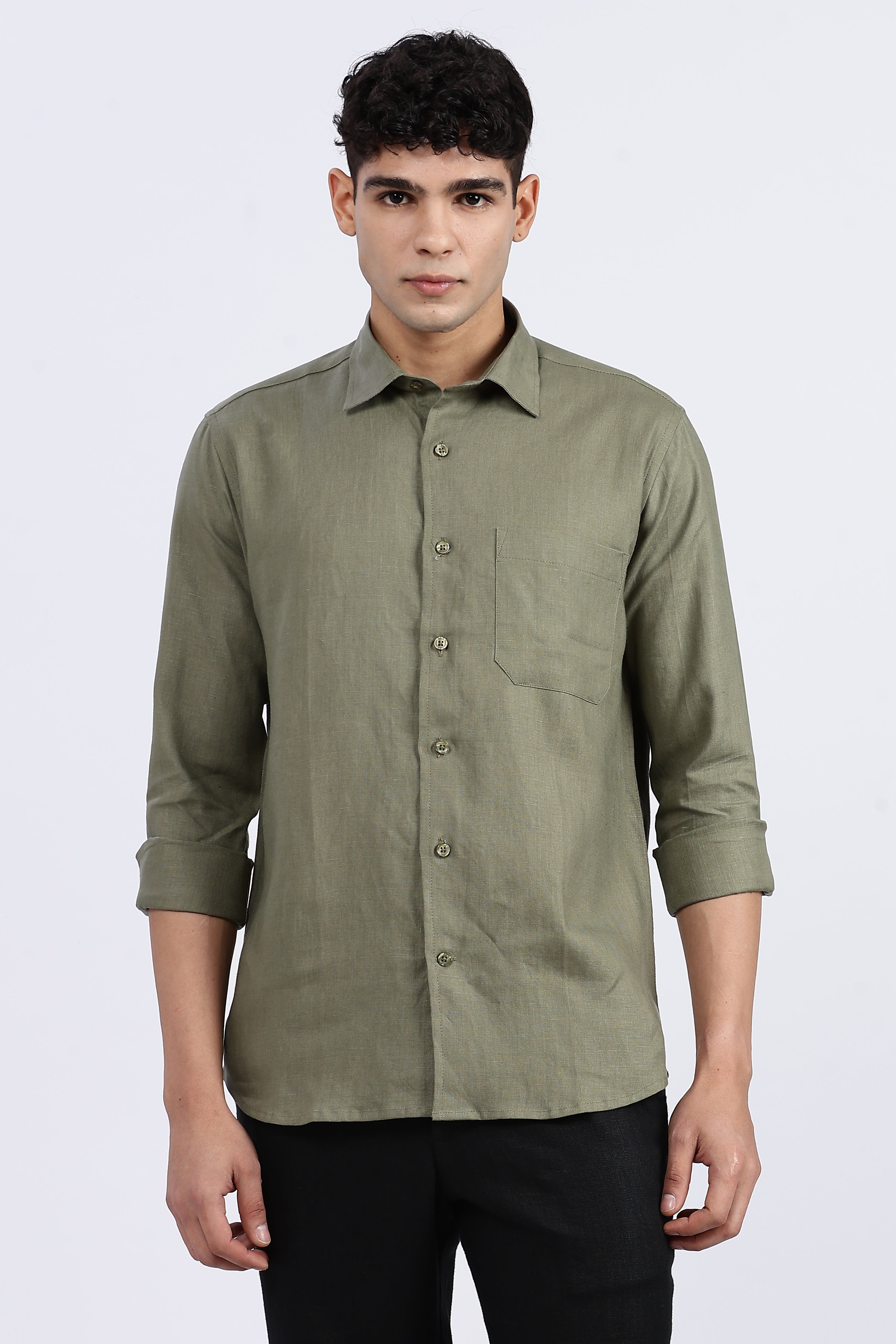 Men’s Olive Green Full Sleeve Linen Shirt – 100% Pure Linen | Linen Culture