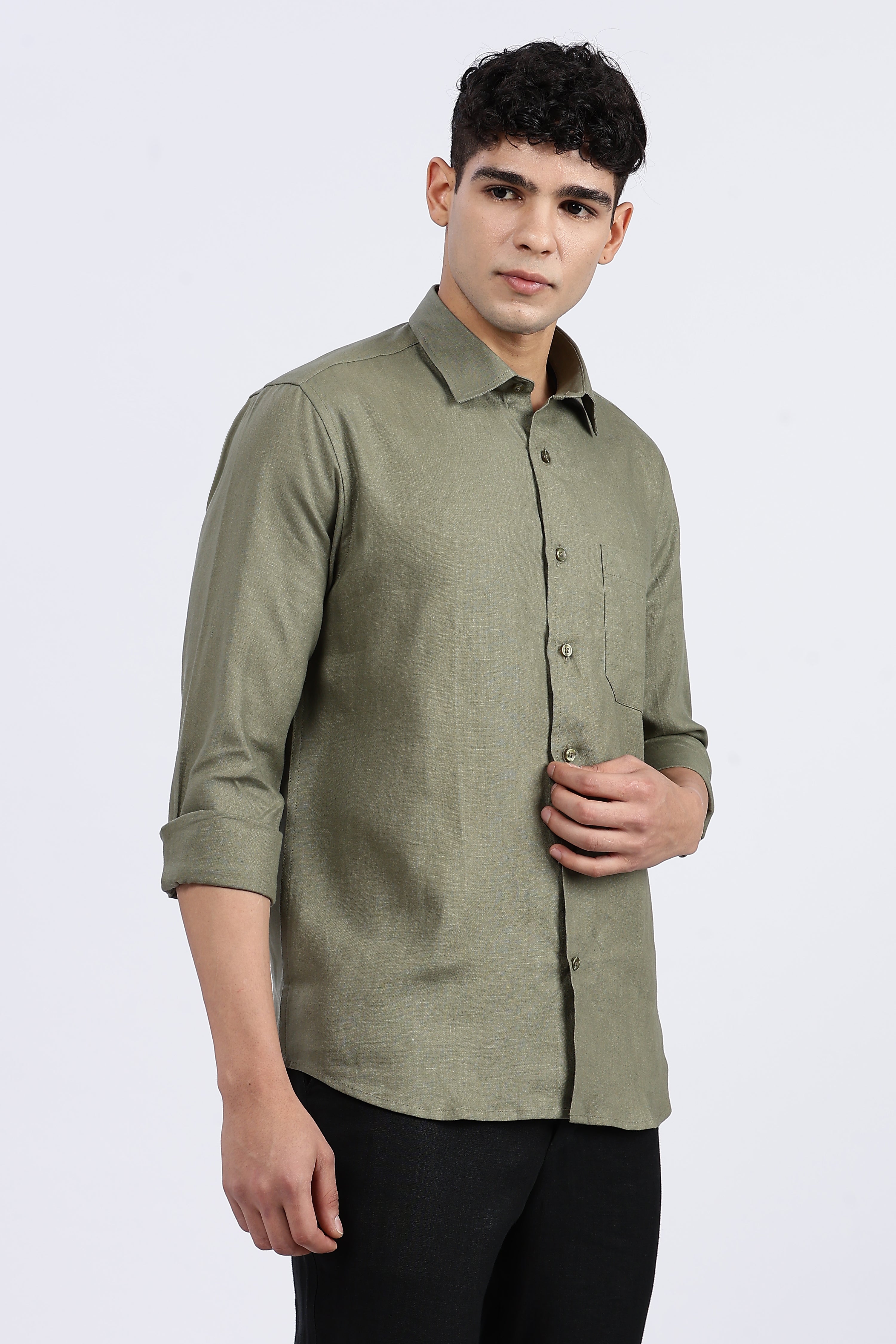 Men’s Olive Green Full Sleeve Linen Shirt – 100% Pure Linen | Linen Culture
