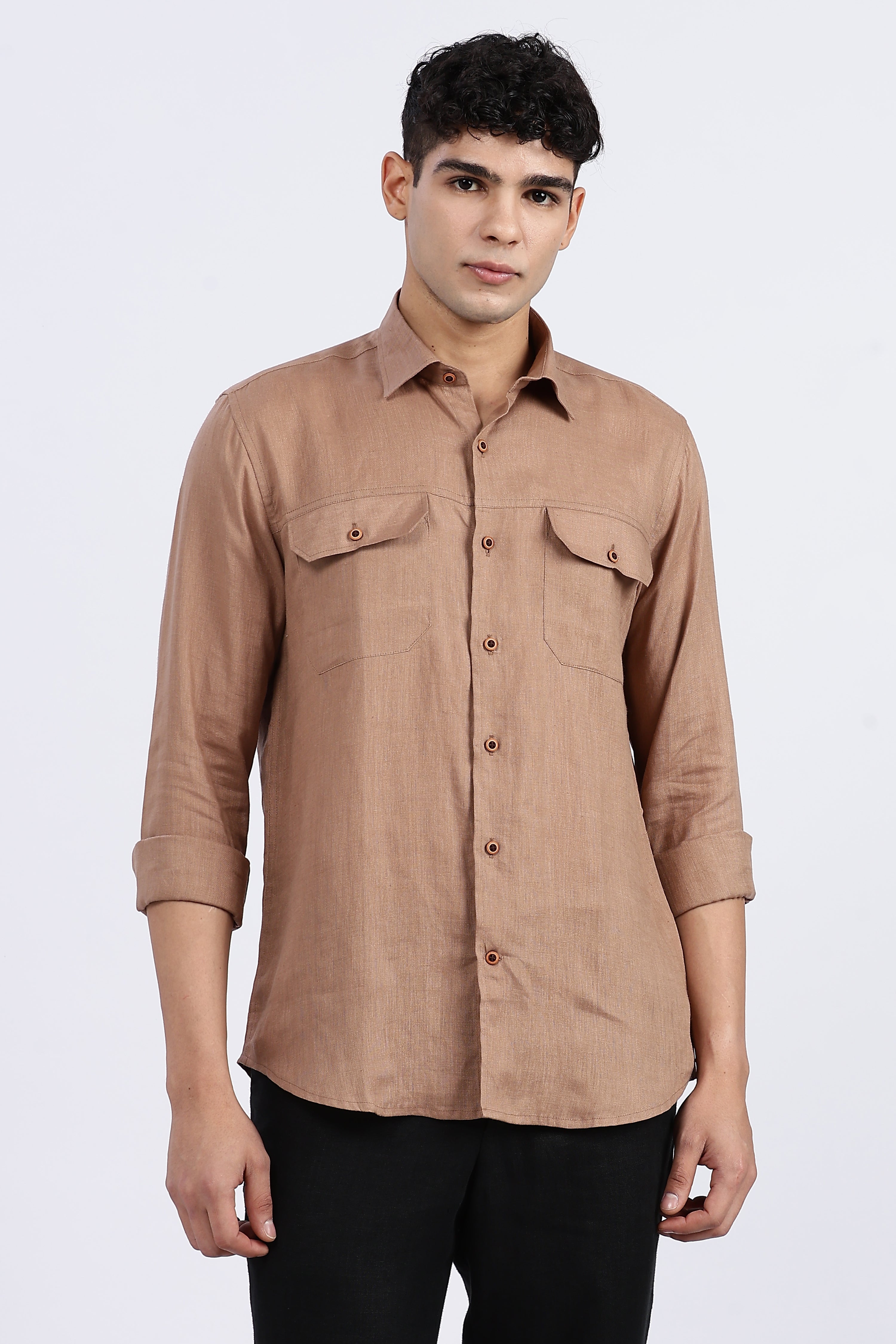 Men’s Brown Double Pocket Linen Shirt – Full Sleeve | Linen Culture