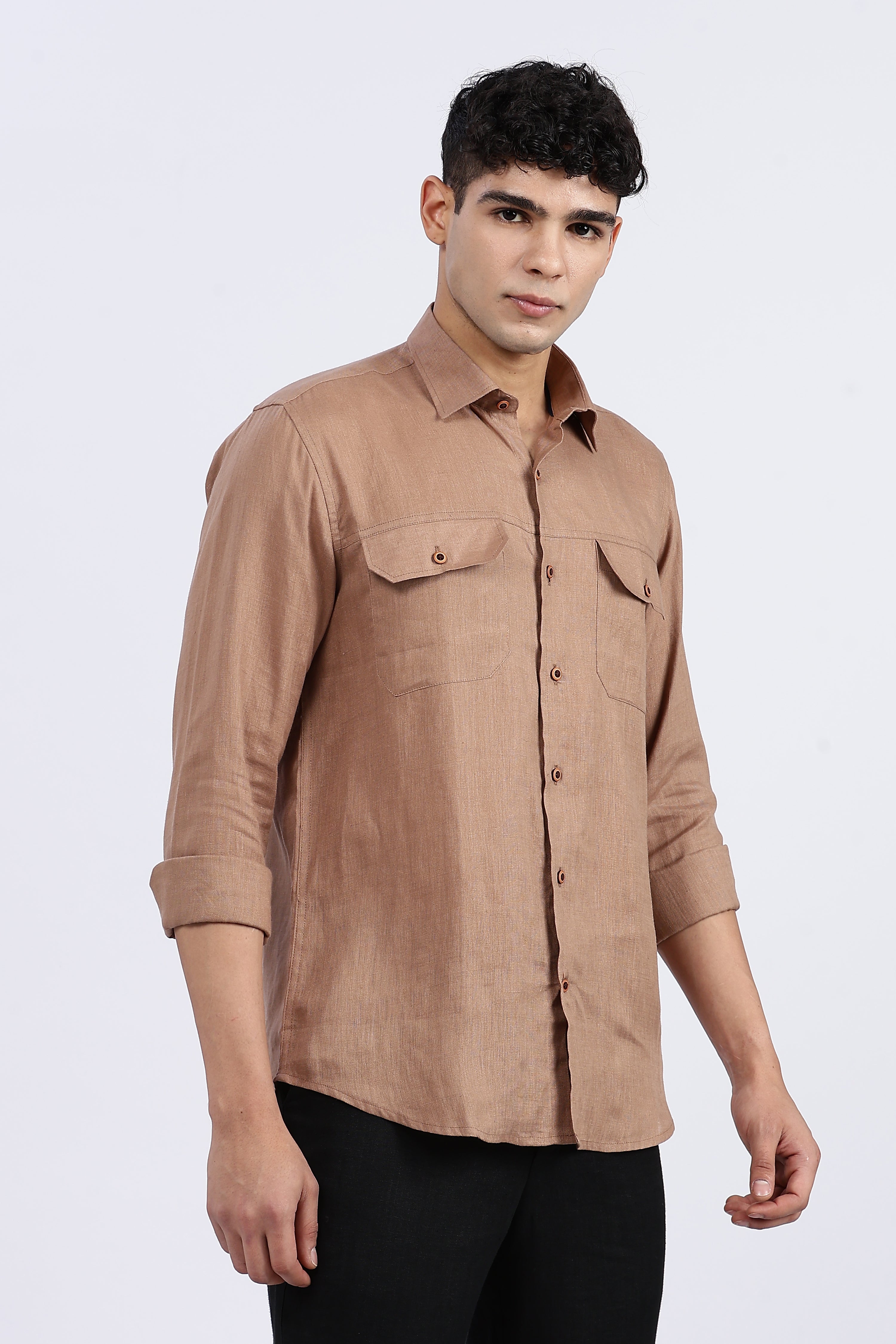 Men’s Brown Double Pocket Linen Shirt – Full Sleeve | Linen Culture