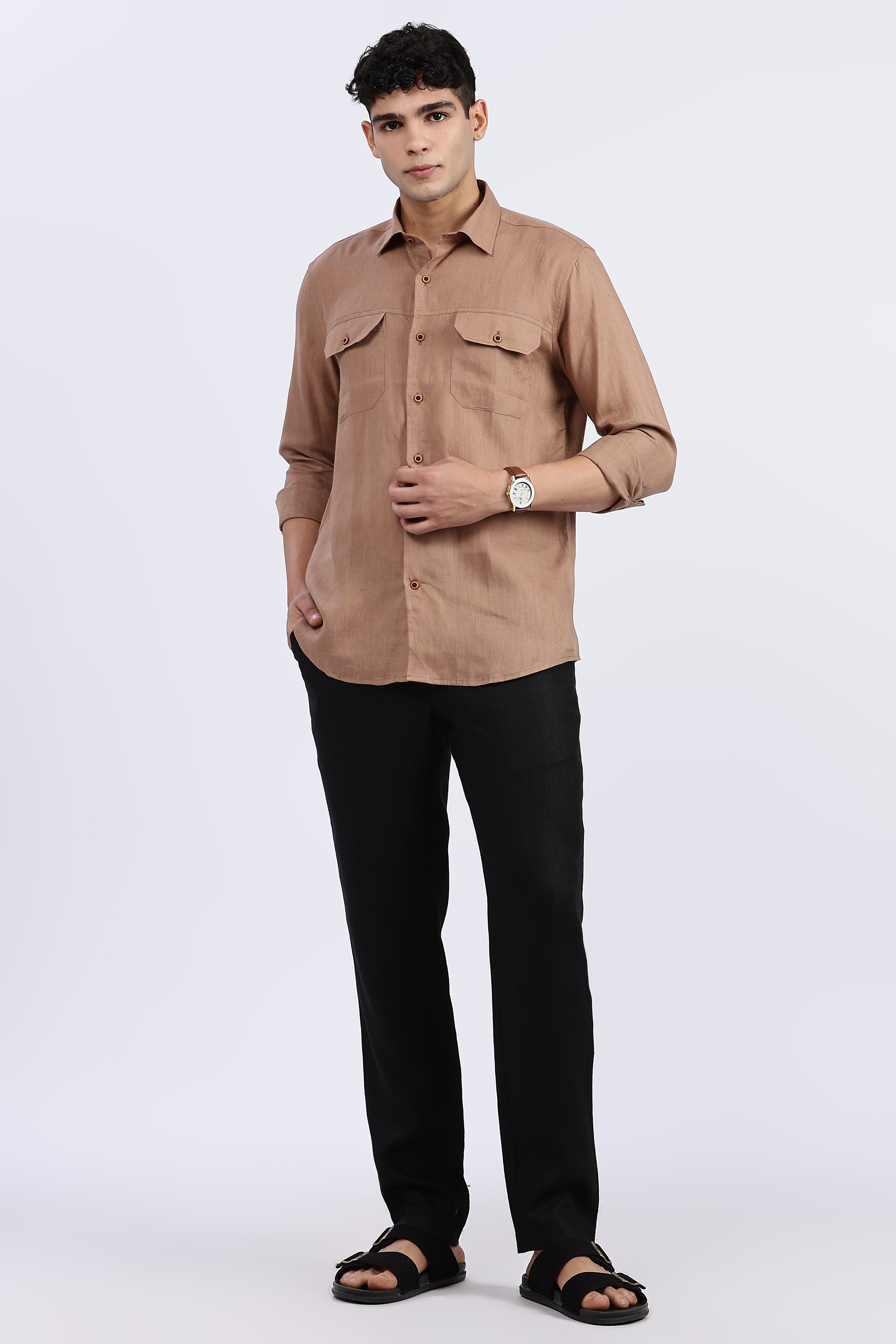 Men’s Brown Double Pocket Linen Shirt – Full Sleeve | Linen Culture