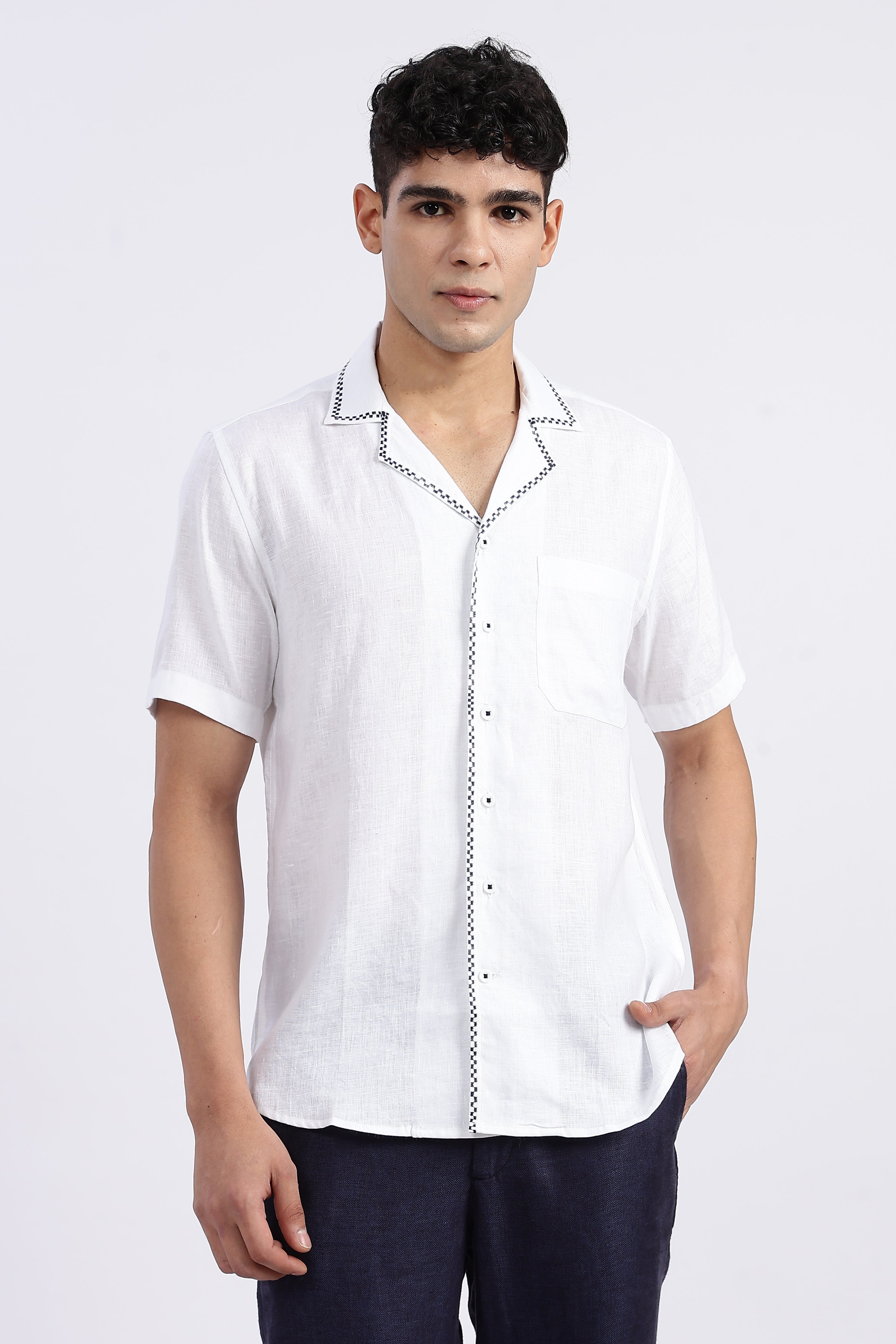 Men’s White Cuban Collar Linen Shirt – Half Sleeve | Linen Culture
