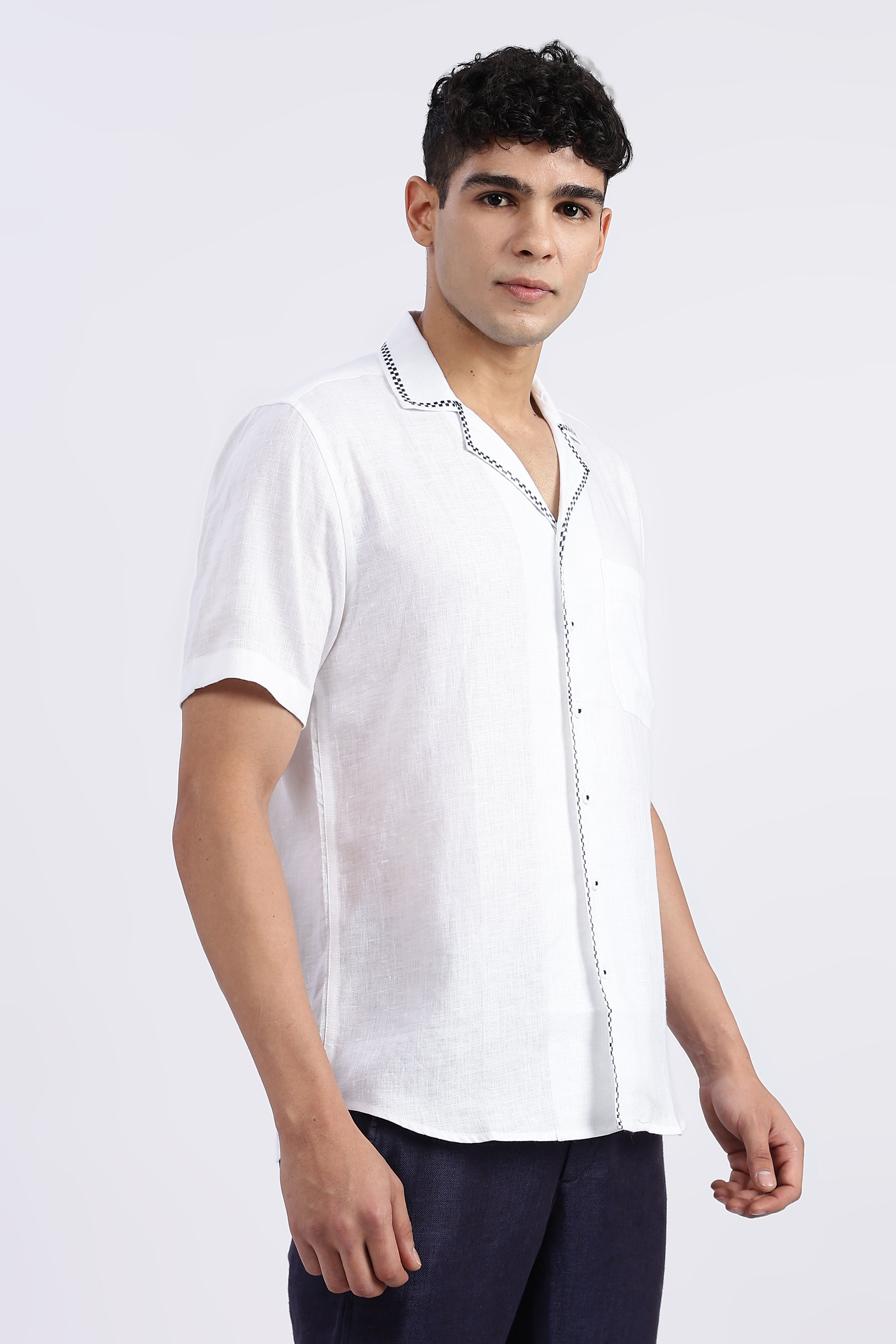 Men’s White Cuban Collar Linen Shirt – Half Sleeve | Linen Culture