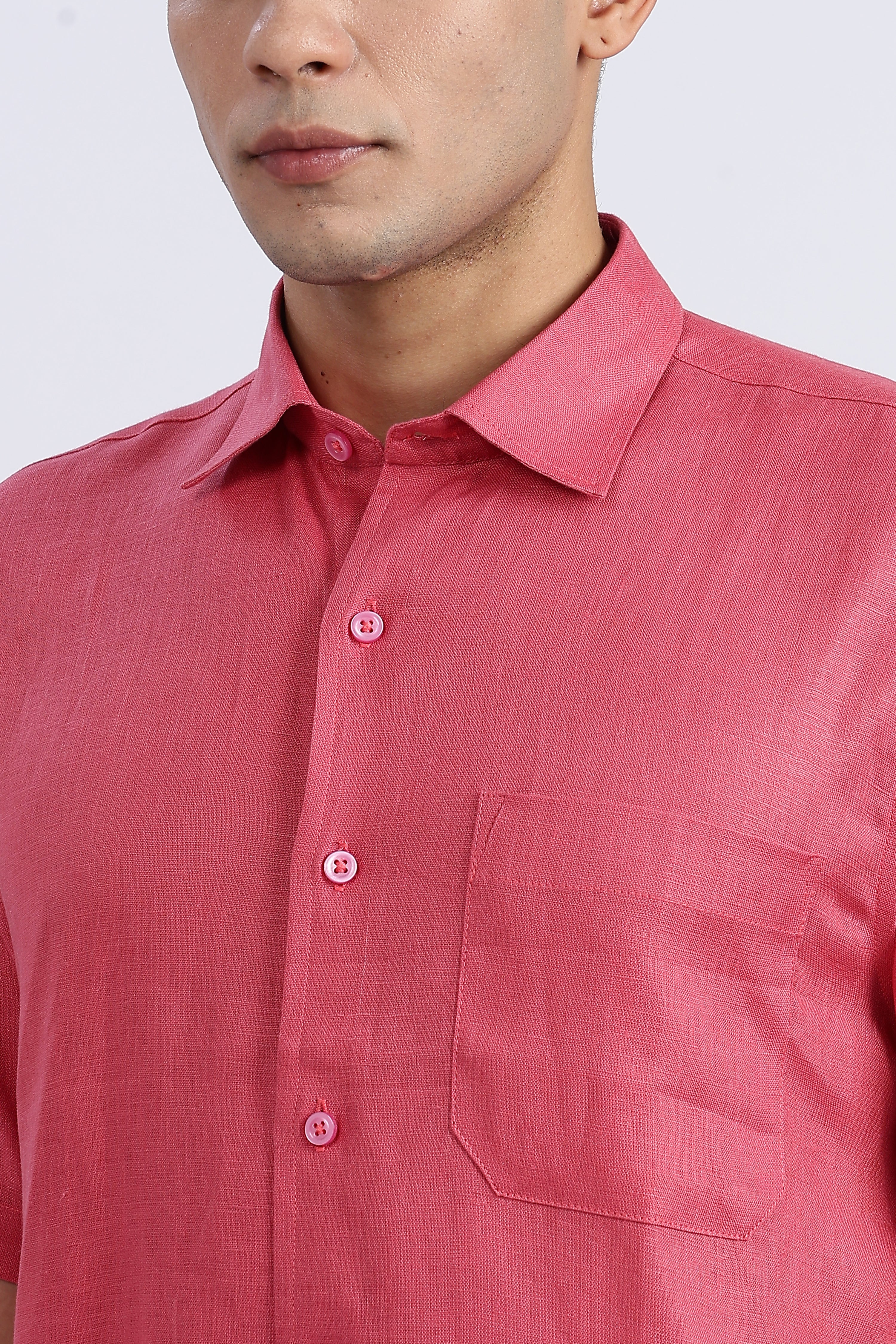 Men’s Coral Pink Half Sleeve Linen Shirt – 100% Pure Linen | Linen Culture