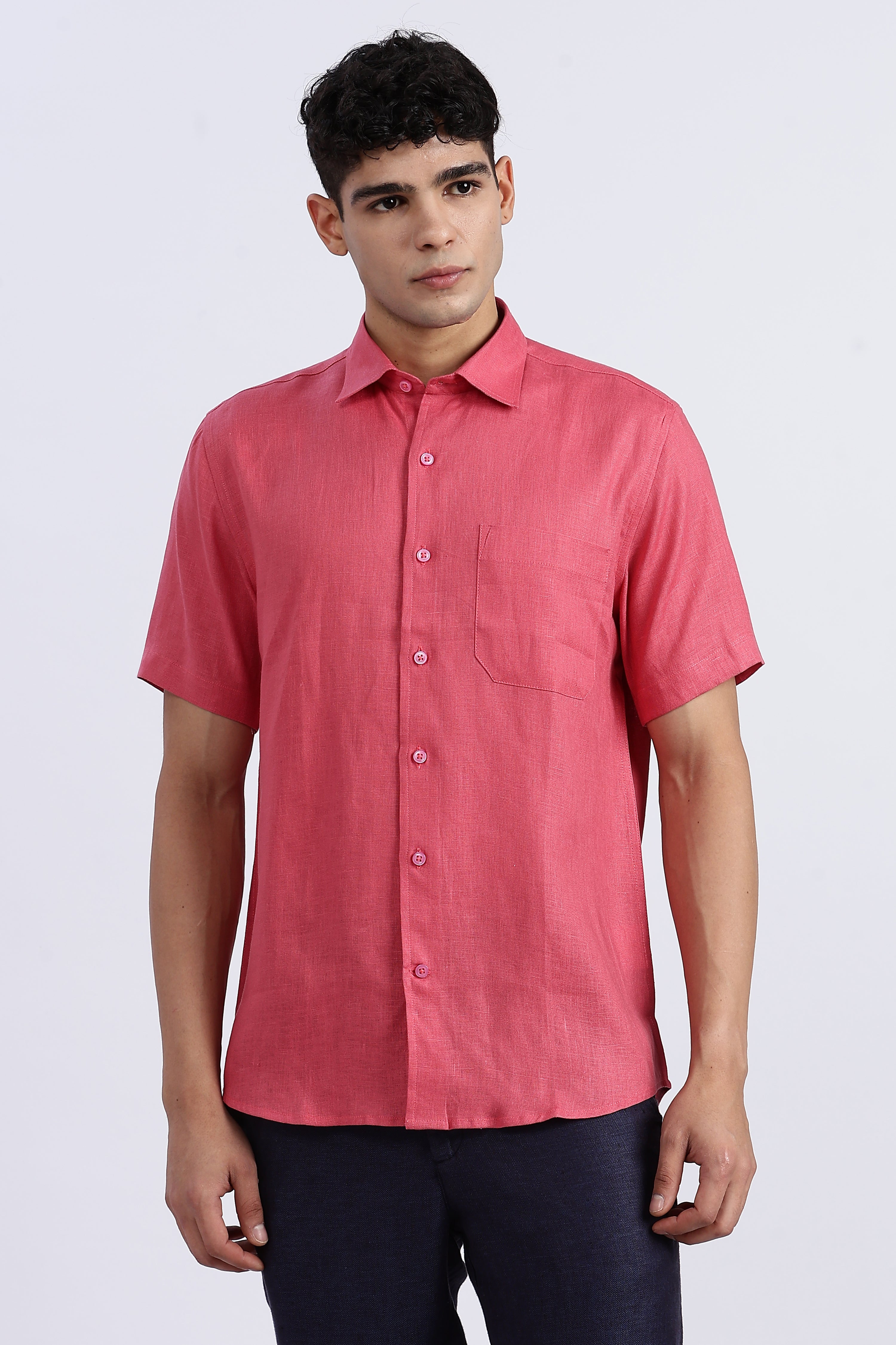 Men’s Coral Pink Half Sleeve Linen Shirt – 100% Pure Linen | Linen Culture