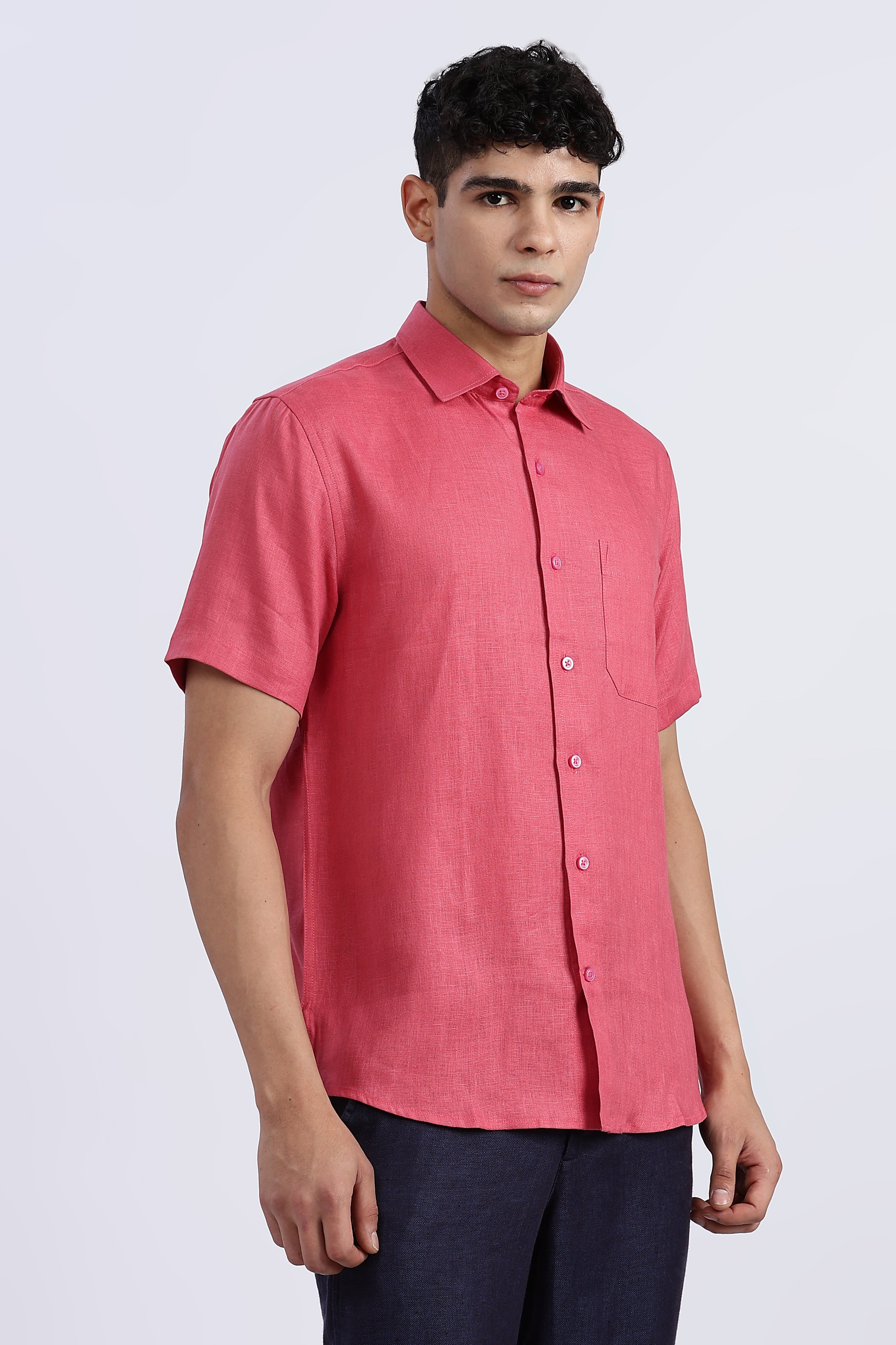Men’s Coral Pink Half Sleeve Linen Shirt – 100% Pure Linen | Linen Culture