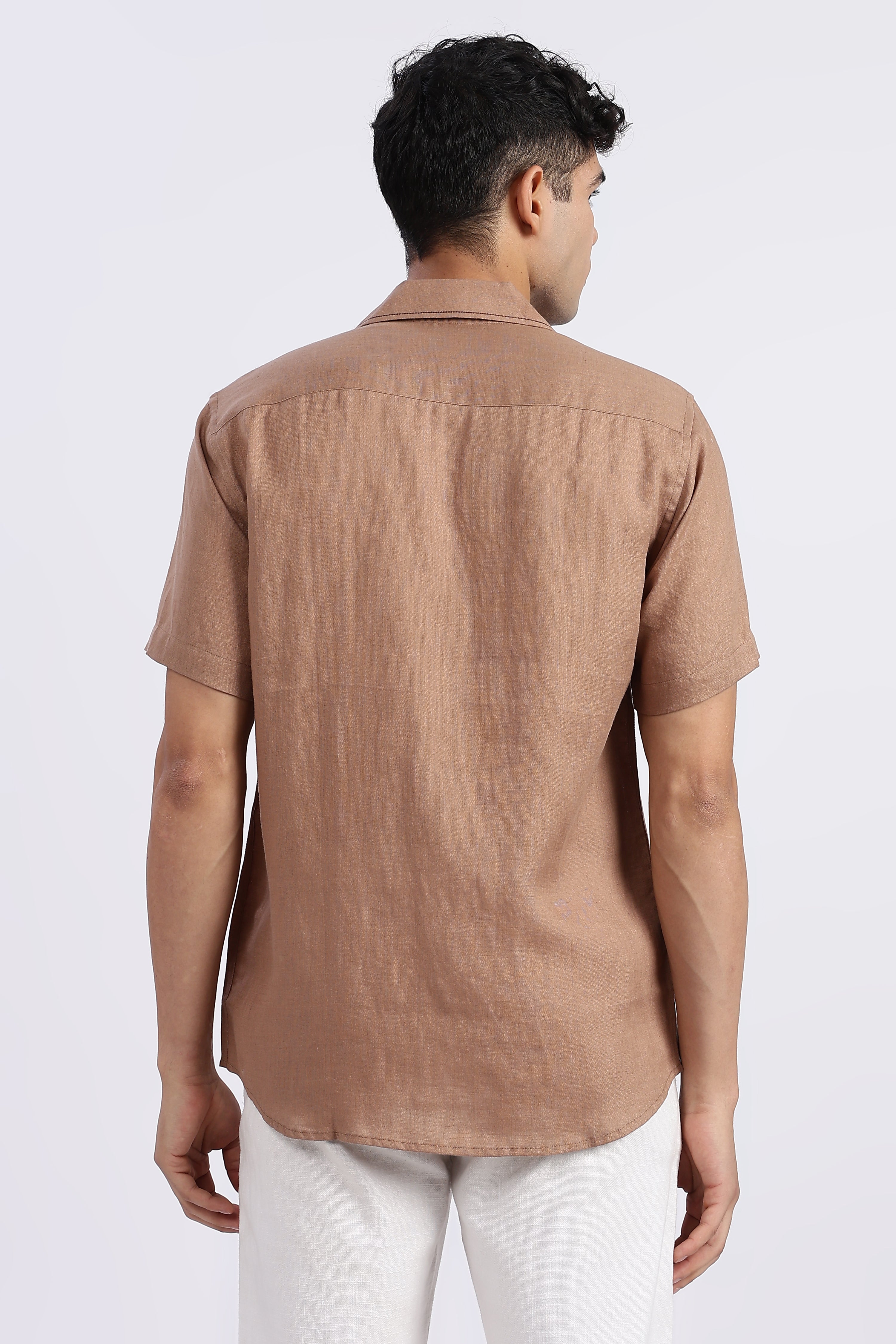 Men’s Brown Cuban Collar Half Sleeve Linen Shirt – 100% Pure Linen | Linen Culture