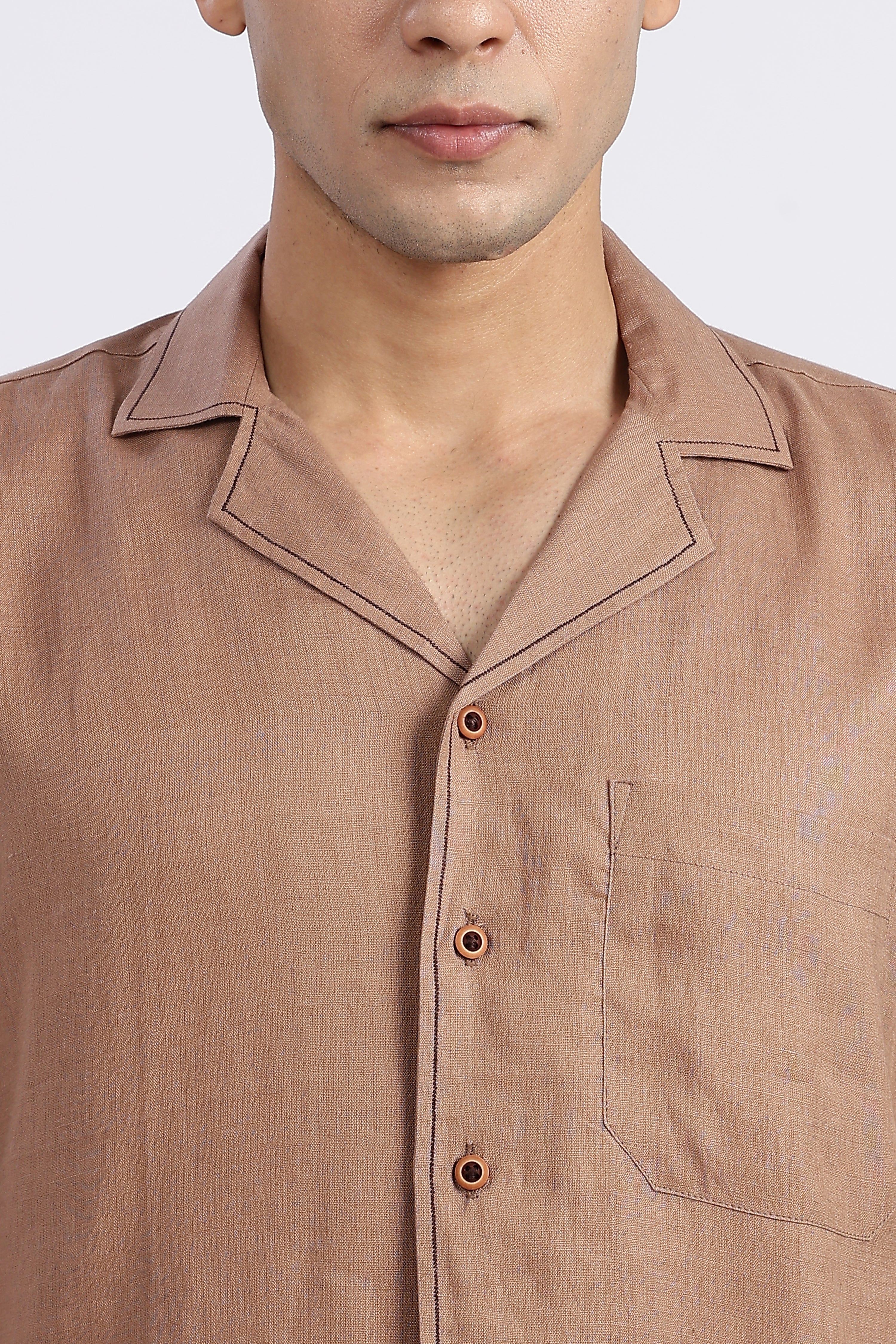 Men’s Brown Cuban Collar Half Sleeve Linen Shirt – 100% Pure Linen | Linen Culture