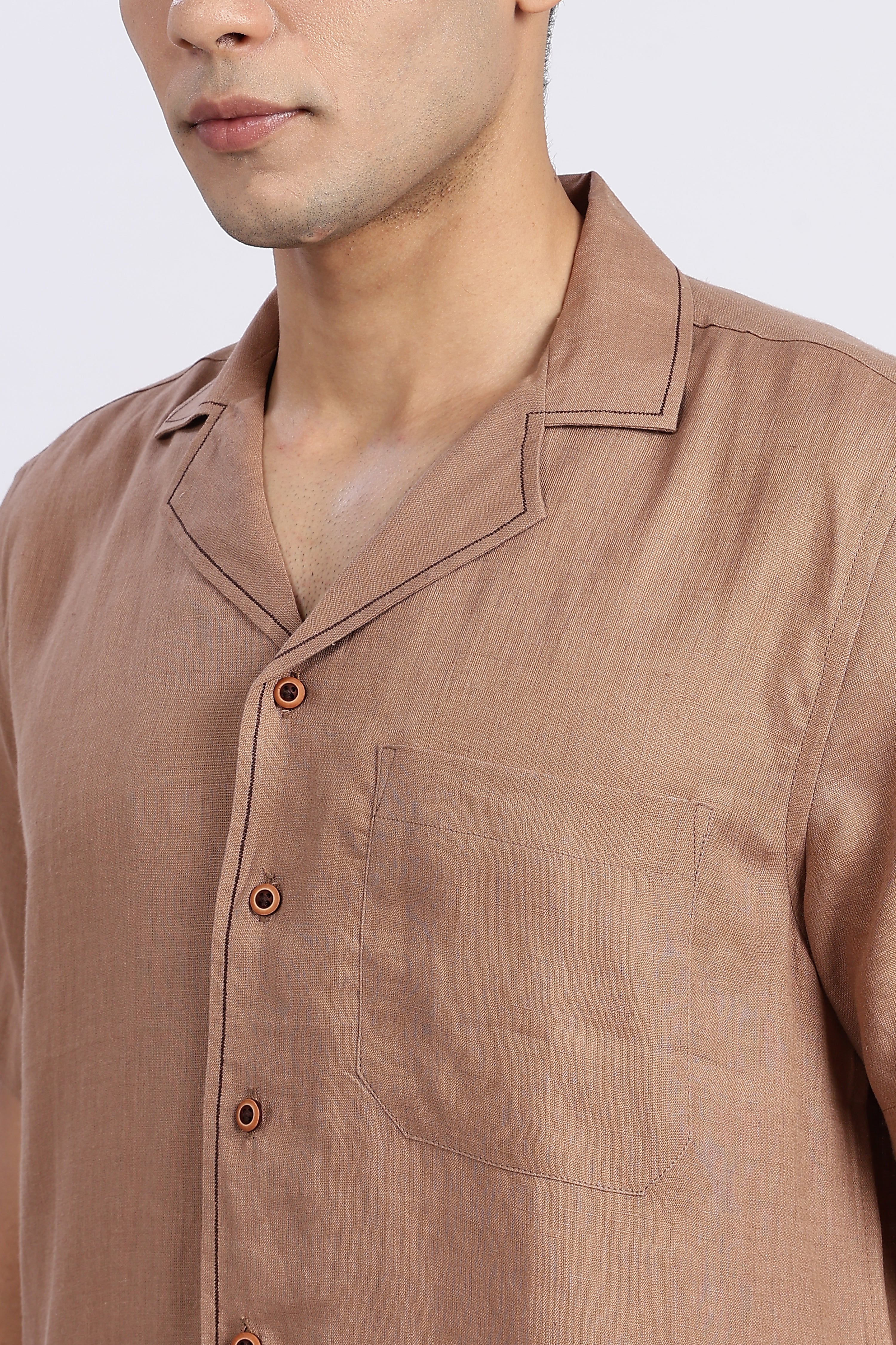 Men’s Brown Cuban Collar Half Sleeve Linen Shirt – 100% Pure Linen | Linen Culture