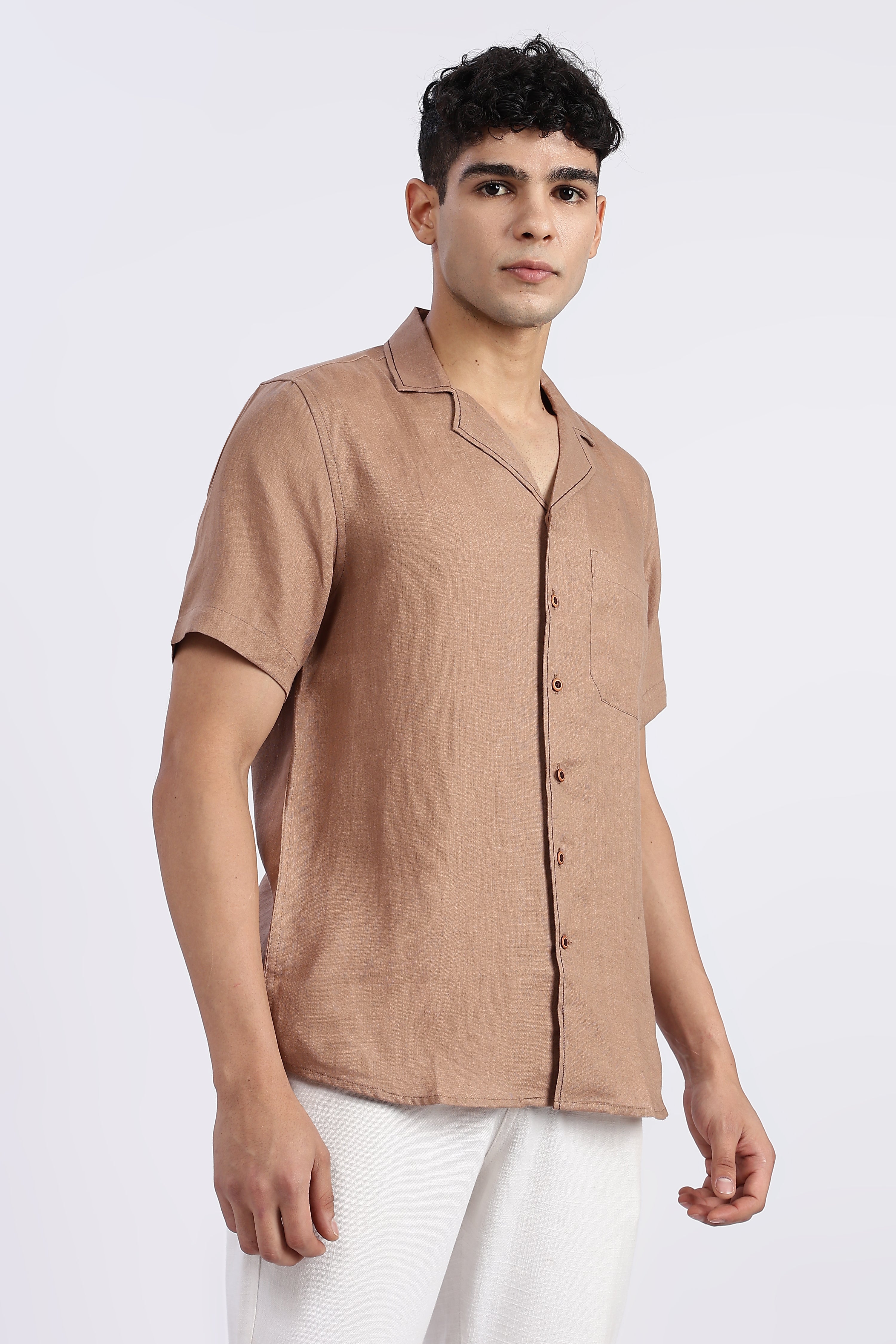 Men’s Brown Cuban Collar Half Sleeve Linen Shirt – 100% Pure Linen | Linen Culture