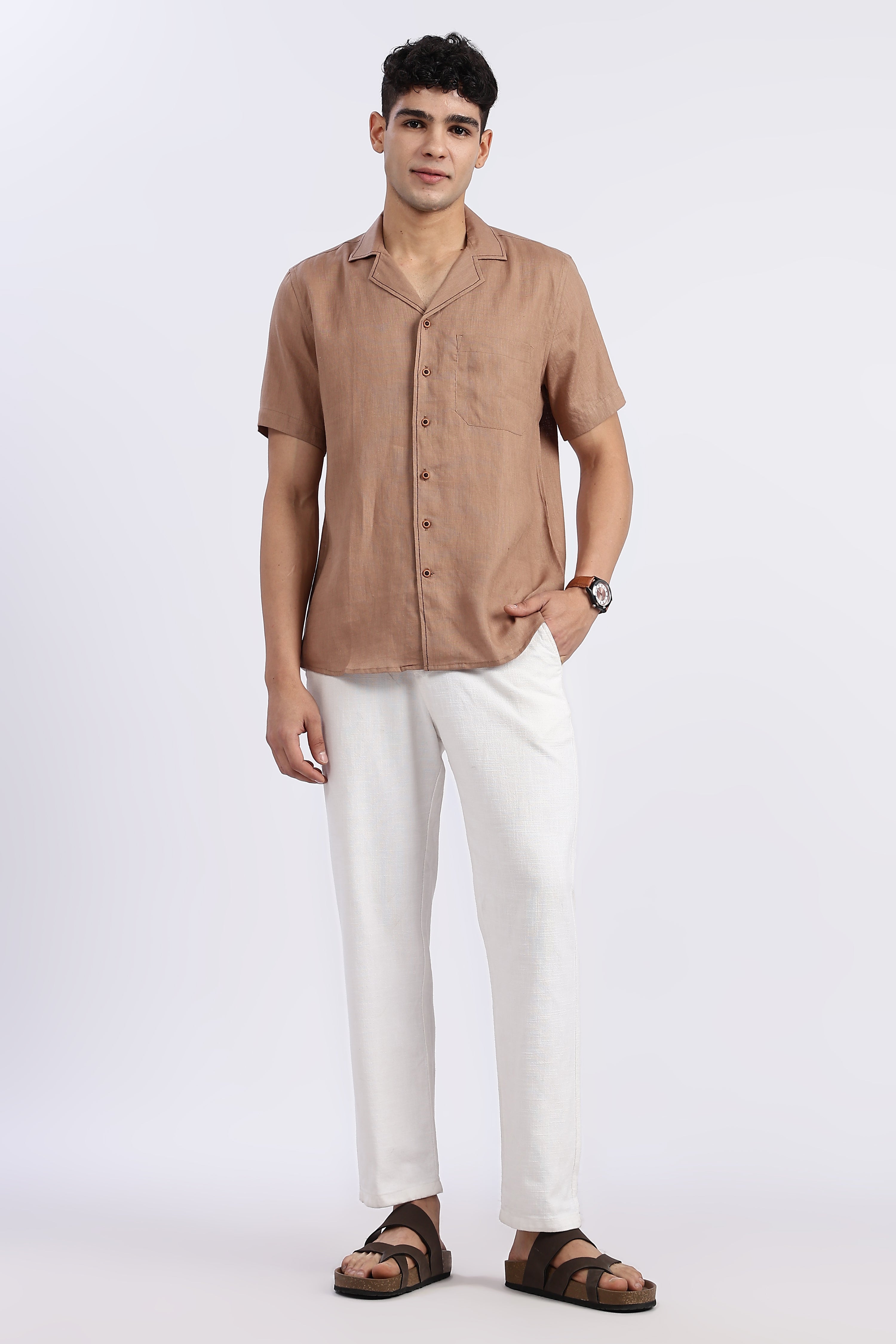 Men’s Brown Cuban Collar Half Sleeve Linen Shirt – 100% Pure Linen | Linen Culture