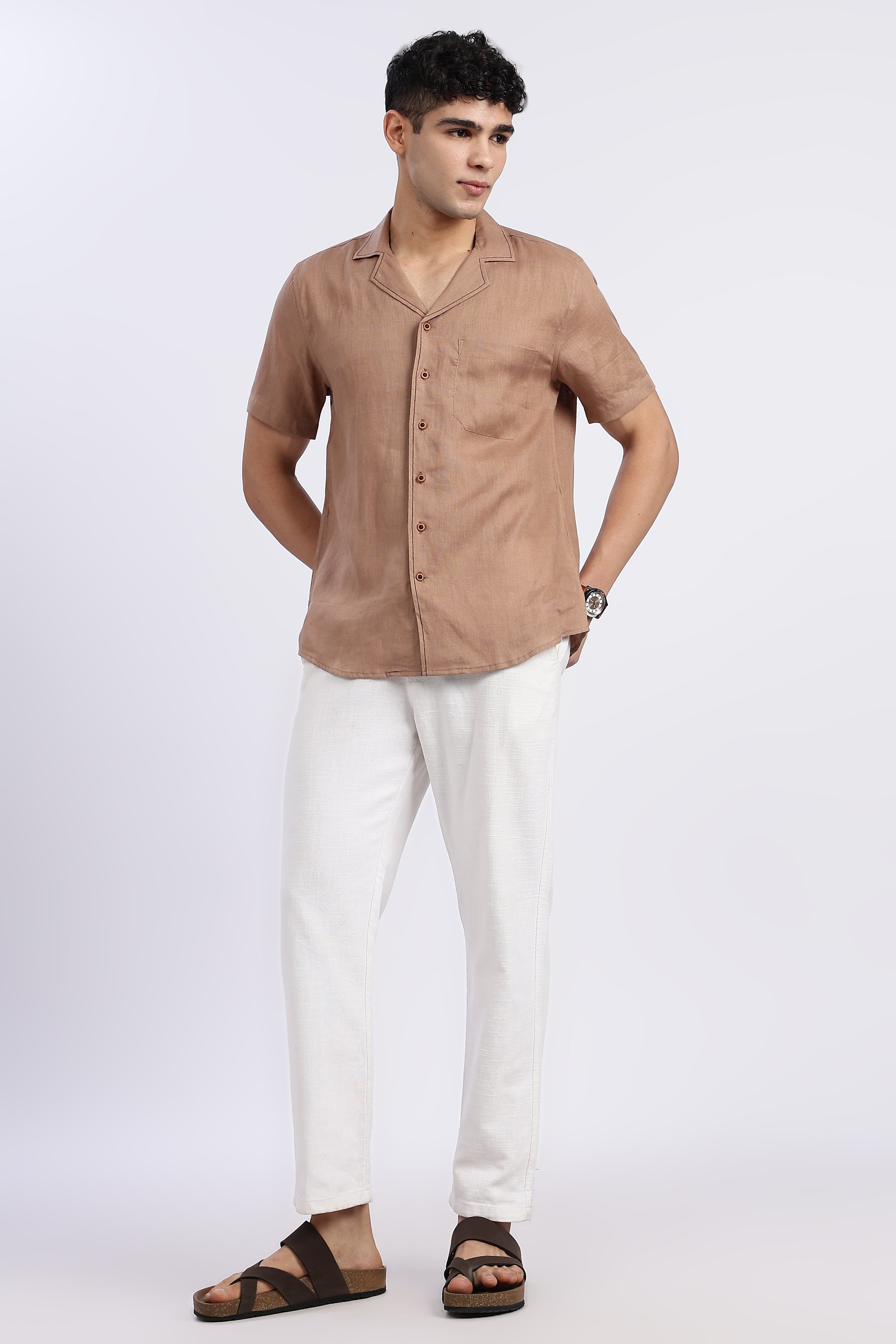 Men’s Brown Cuban Collar Half Sleeve Linen Shirt – 100% Pure Linen | Linen Culture