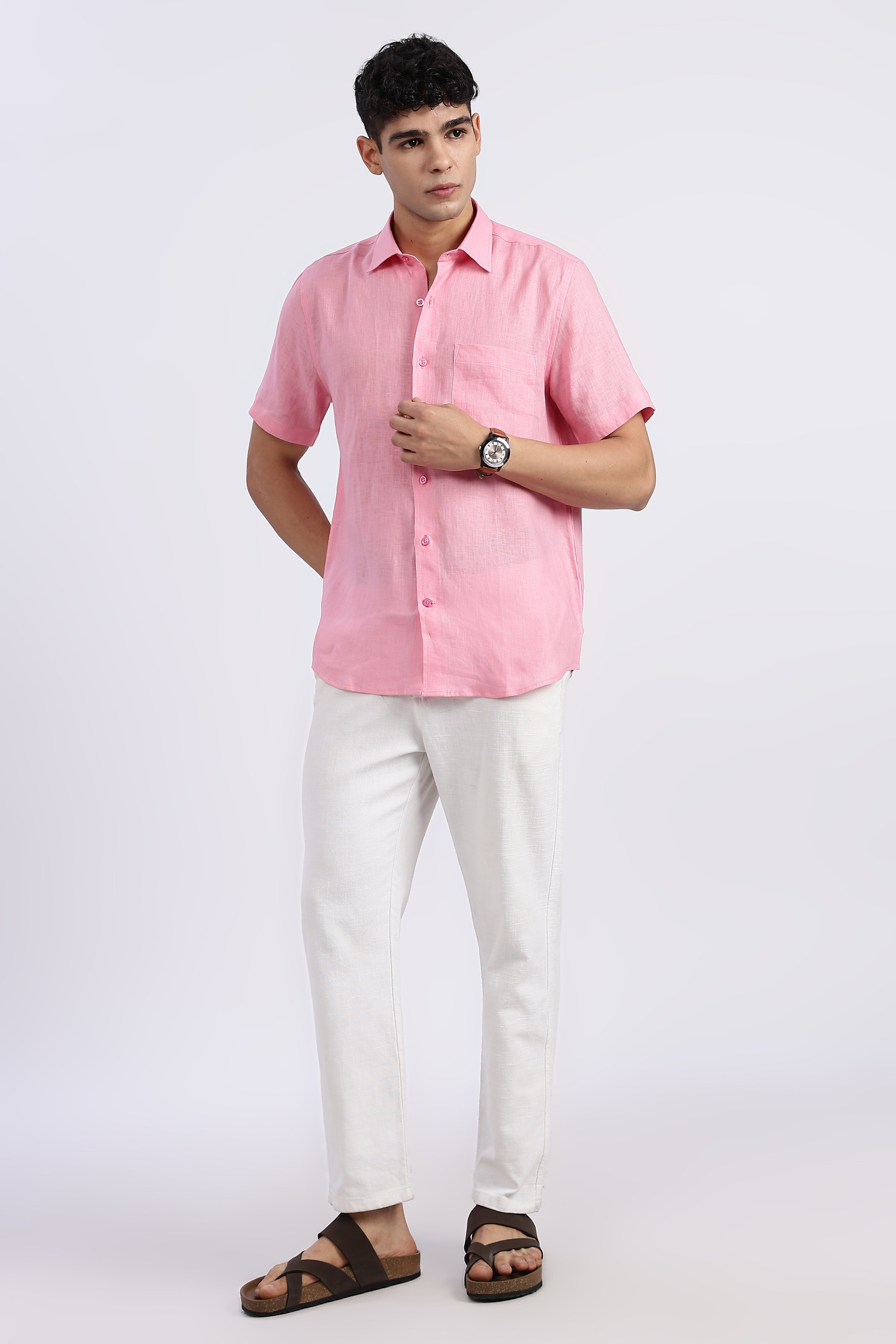 Men’s Light Pink Half Sleeve Linen Shirt – 100% Pure Linen | Linen Culture