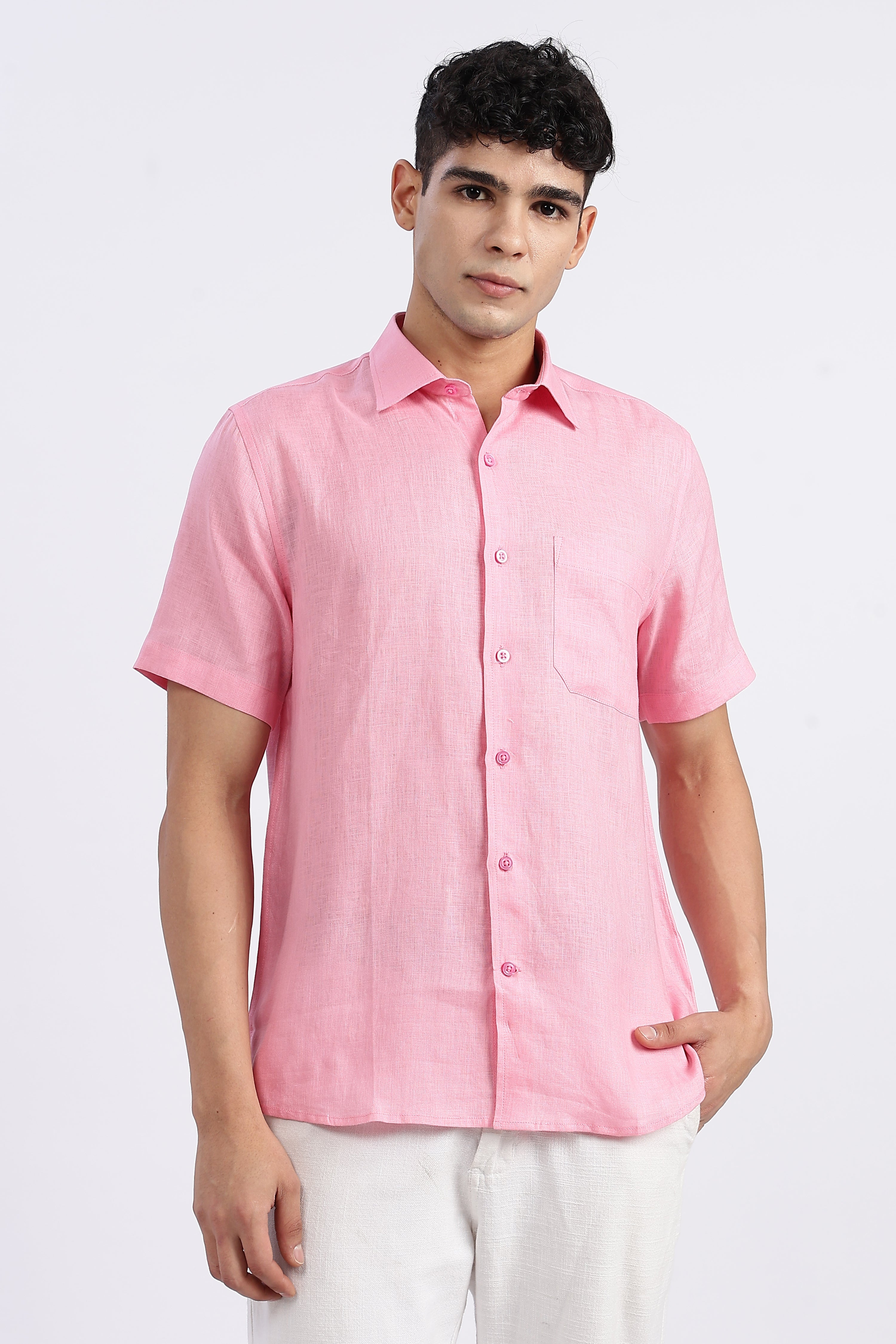 Men’s Light Pink Half Sleeve Linen Shirt – 100% Pure Linen | Linen Culture