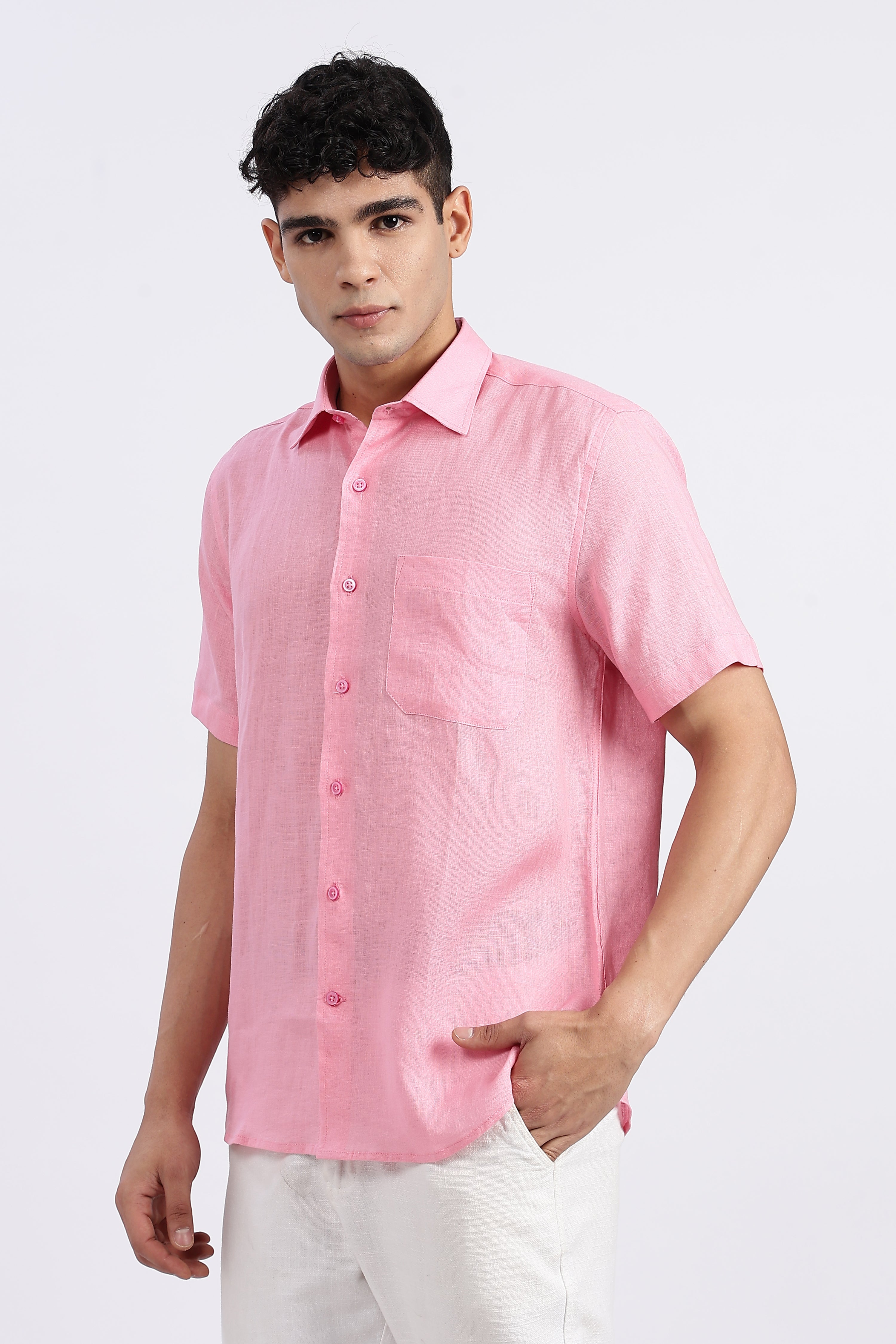 Men’s Light Pink Half Sleeve Linen Shirt – 100% Pure Linen | Linen Culture