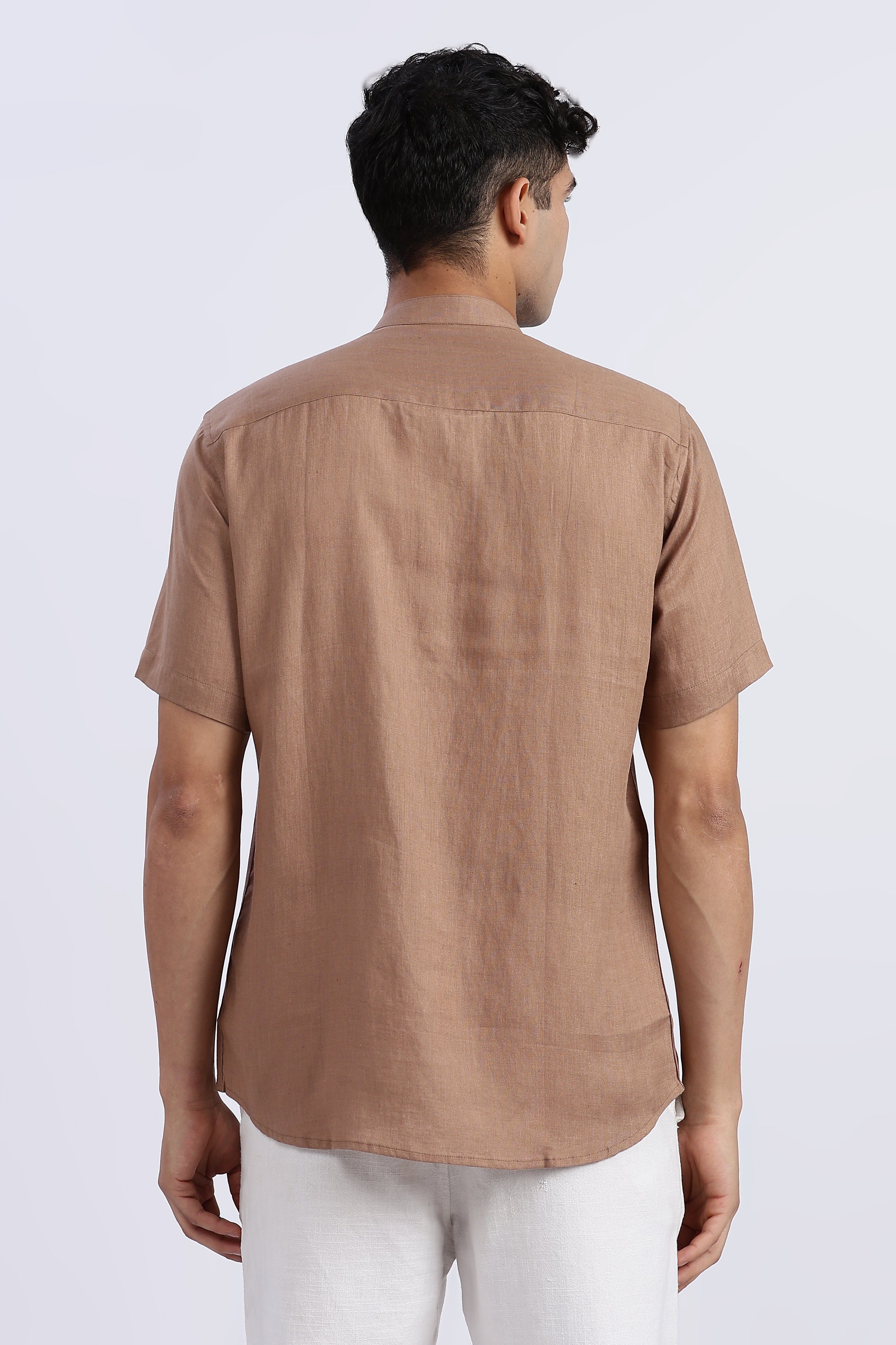 Men’s Brown Mandarin Collar Linen Shirt – Half Sleeve | Linen Culture