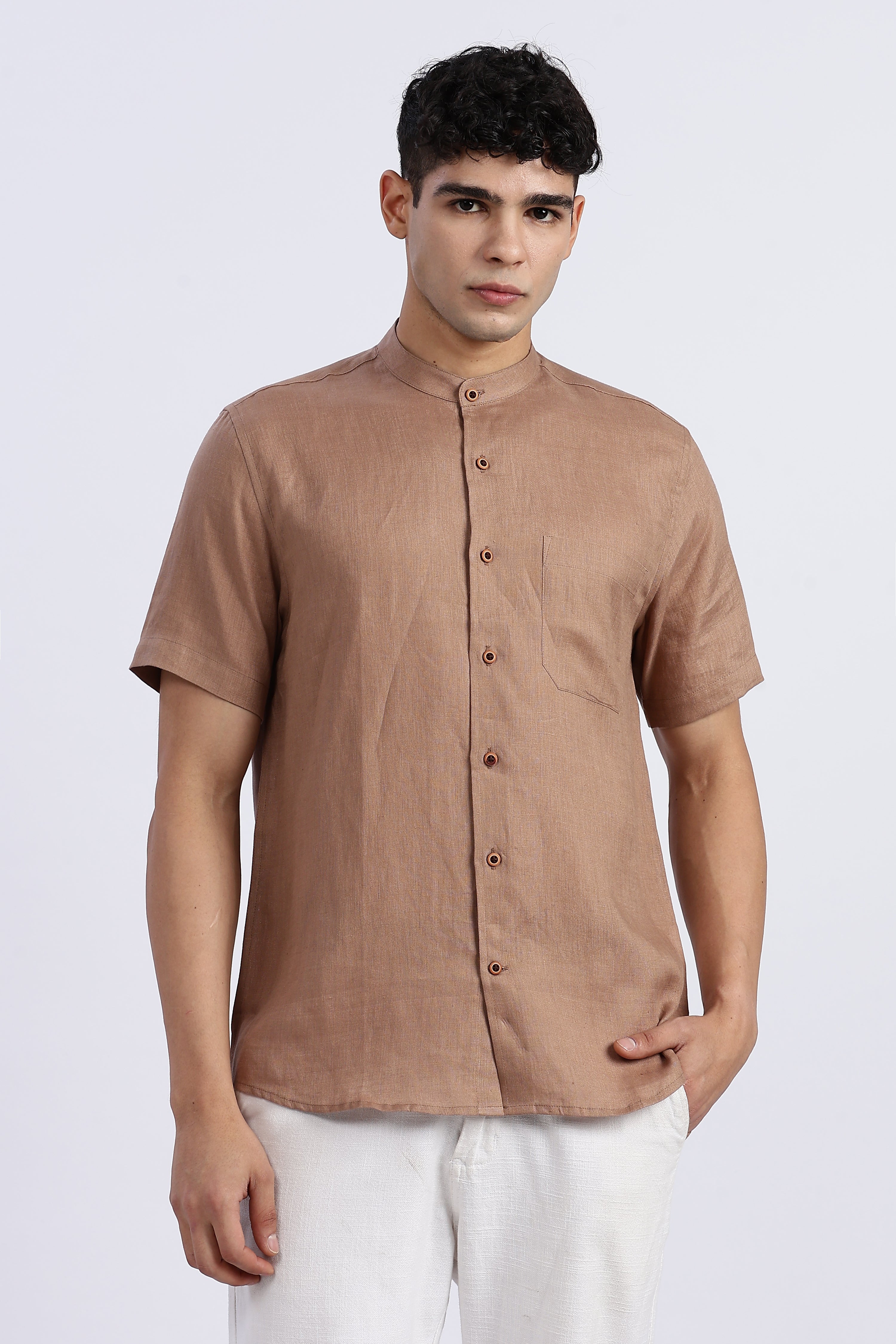 Men’s Brown Mandarin Collar Linen Shirt – Half Sleeve | Linen Culture