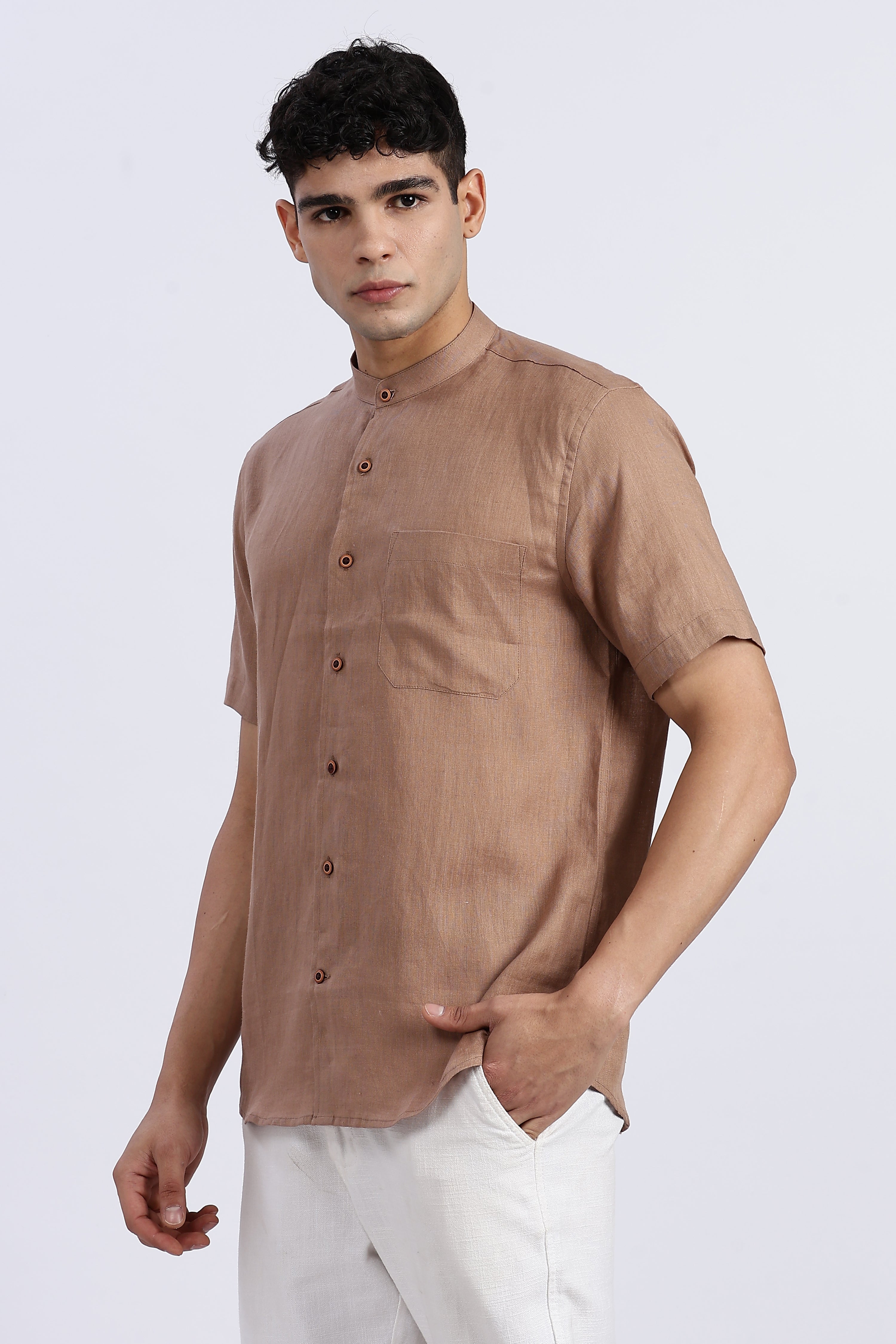 Men’s Brown Mandarin Collar Linen Shirt – Half Sleeve | Linen Culture
